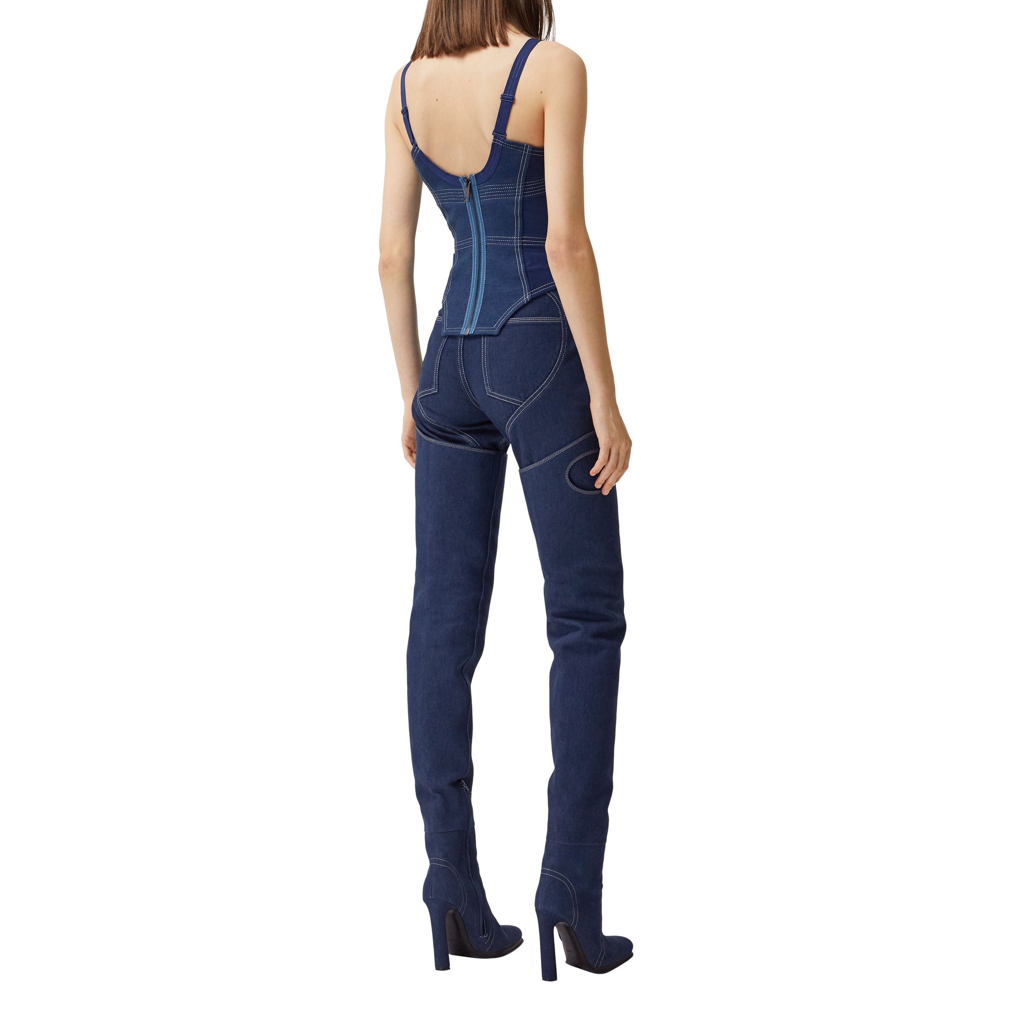 Haut façon corset en denim surpiqué et mesh - Dark Canvas Blue