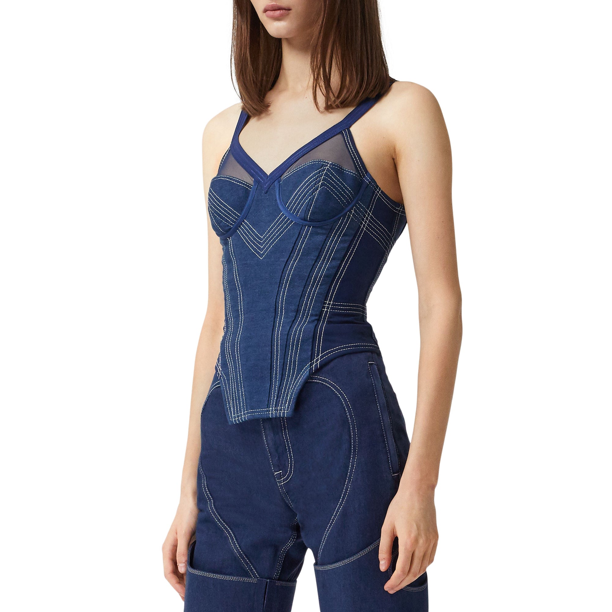 Haut façon corset en denim surpiqué et mesh - Dark Canvas Blue