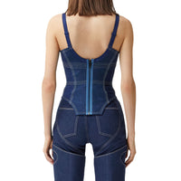 Haut façon corset en denim surpiqué et mesh - Dark Canvas Blue