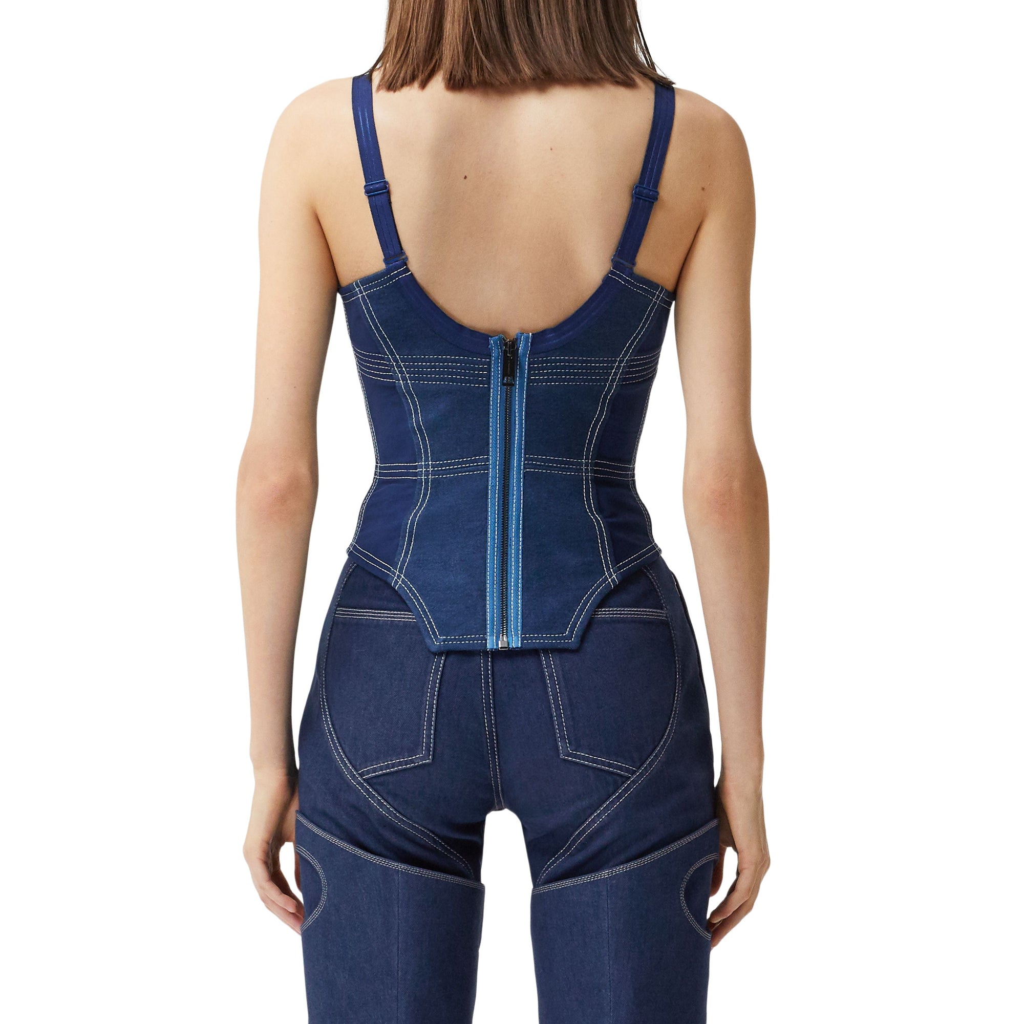 Haut façon corset en denim surpiqué et mesh - Dark Canvas Blue