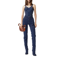 Haut façon corset en denim surpiqué et mesh - Dark Canvas Blue