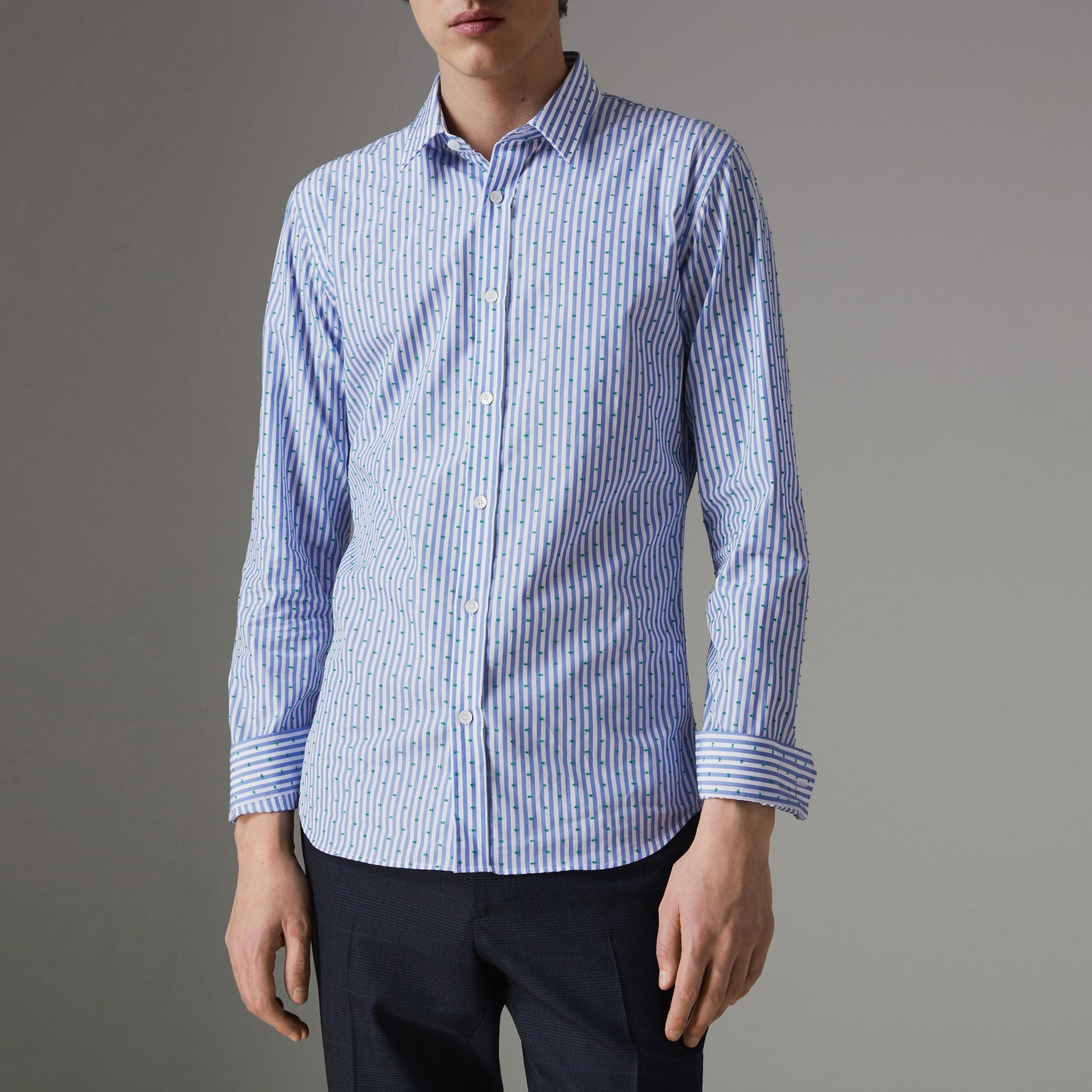 Chemise rayée ajustée en coton et fil coupé - Mid Blue