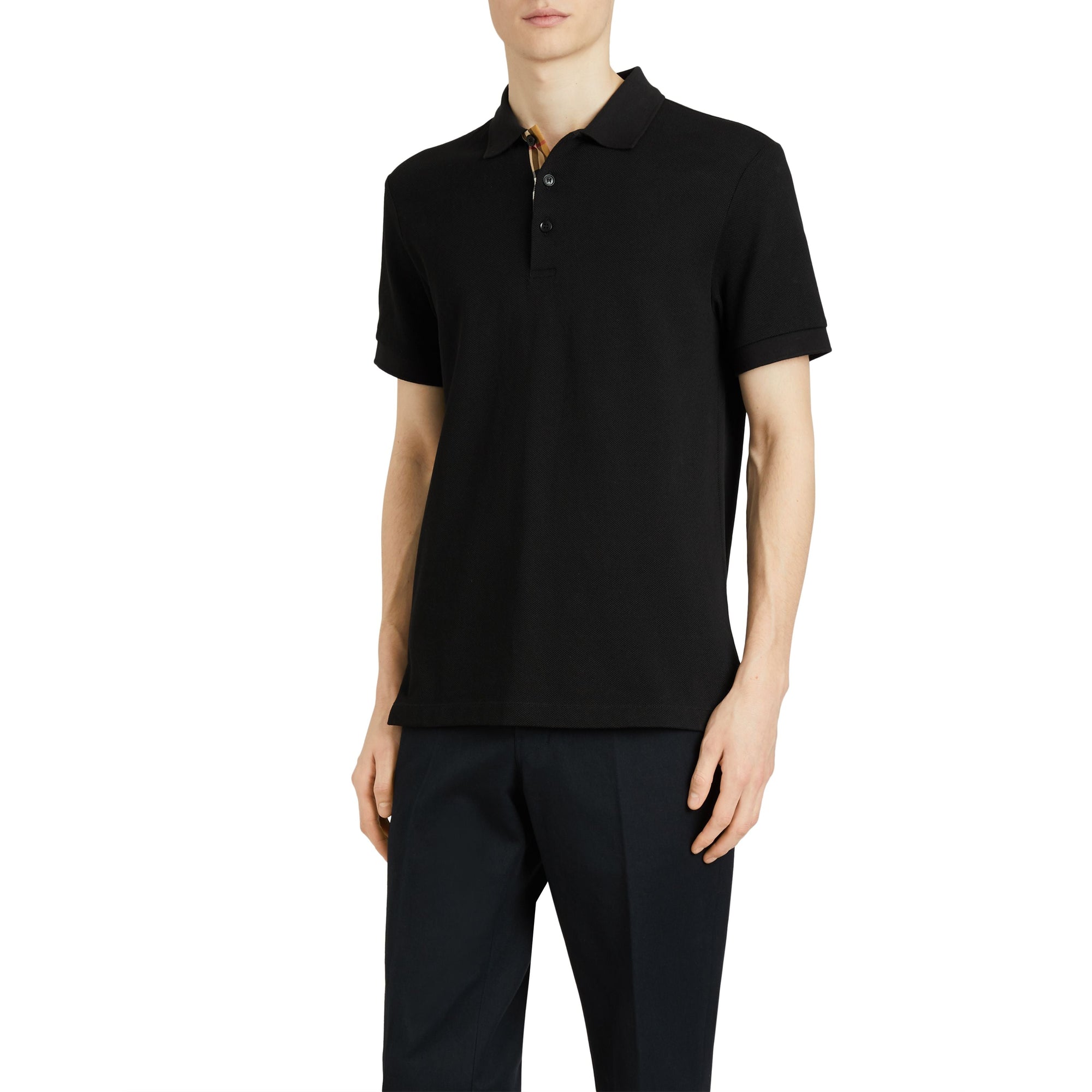 Polo en coton avec patte de boutonnage à motif check - Black