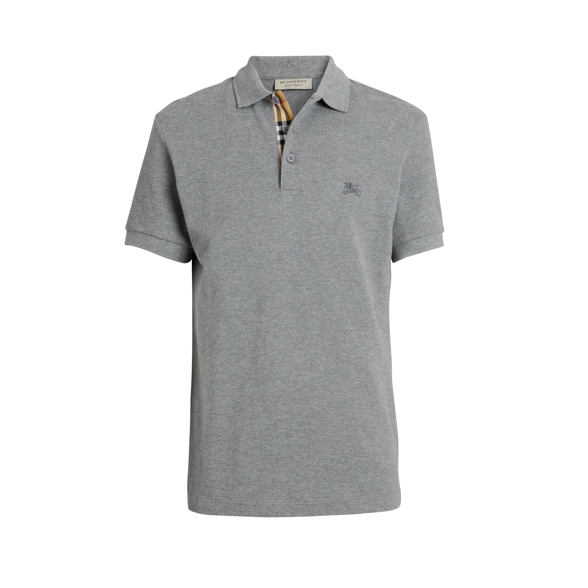 Polo en coton avec patte de boutonnage à motif check - Mid Grey Melange