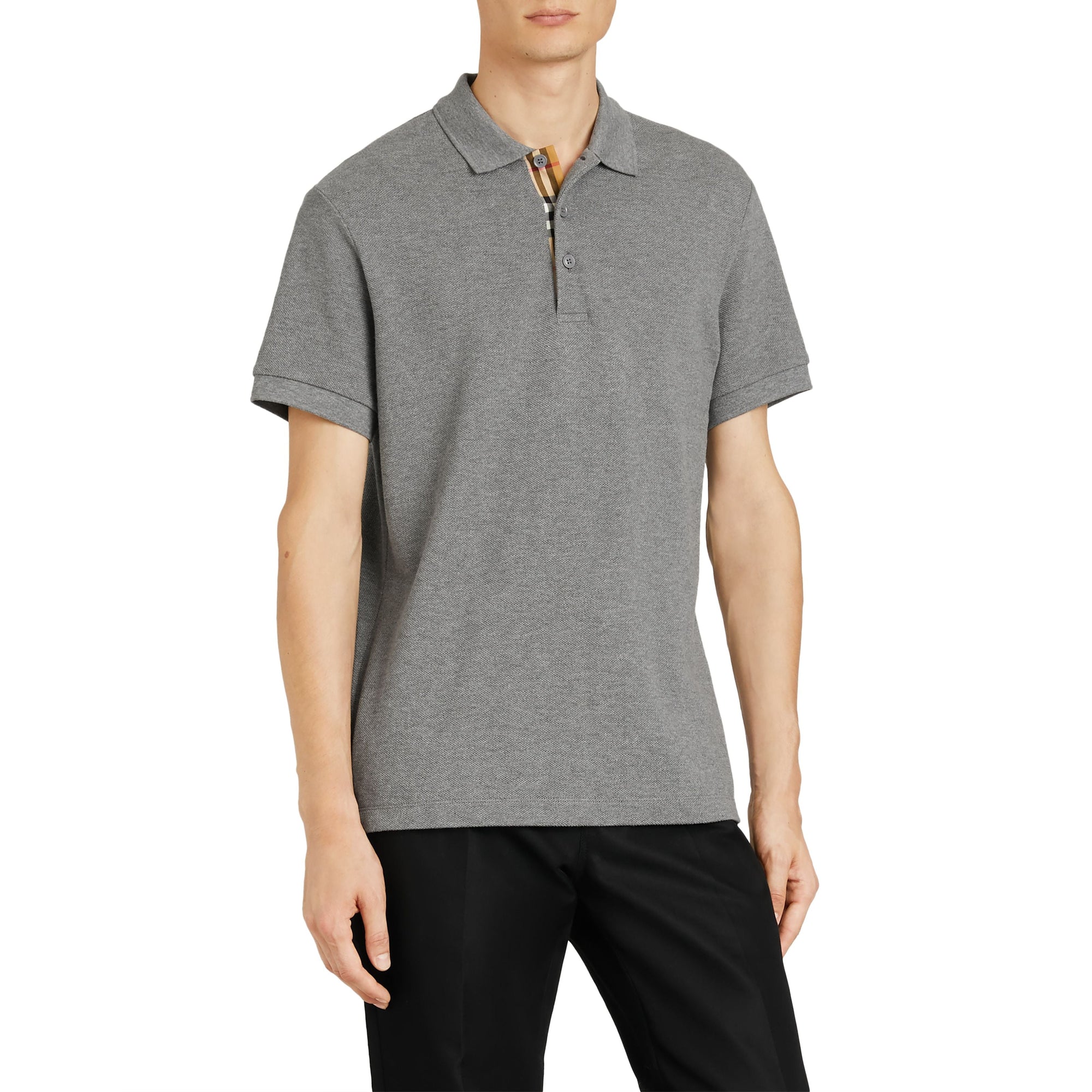 Polo en coton avec patte de boutonnage à motif check - Mid Grey Melange