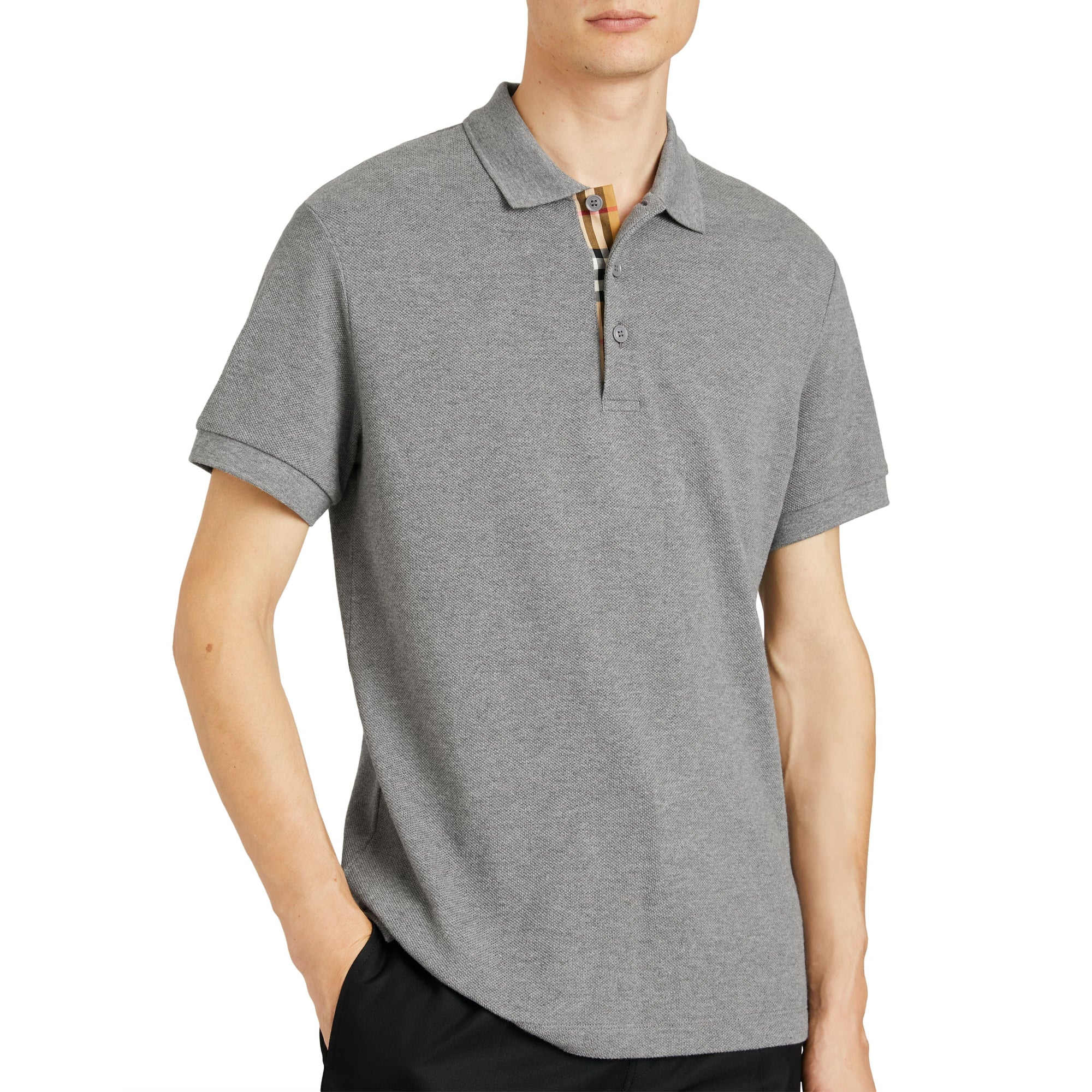Polo en coton avec patte de boutonnage à motif check - Mid Grey Melange