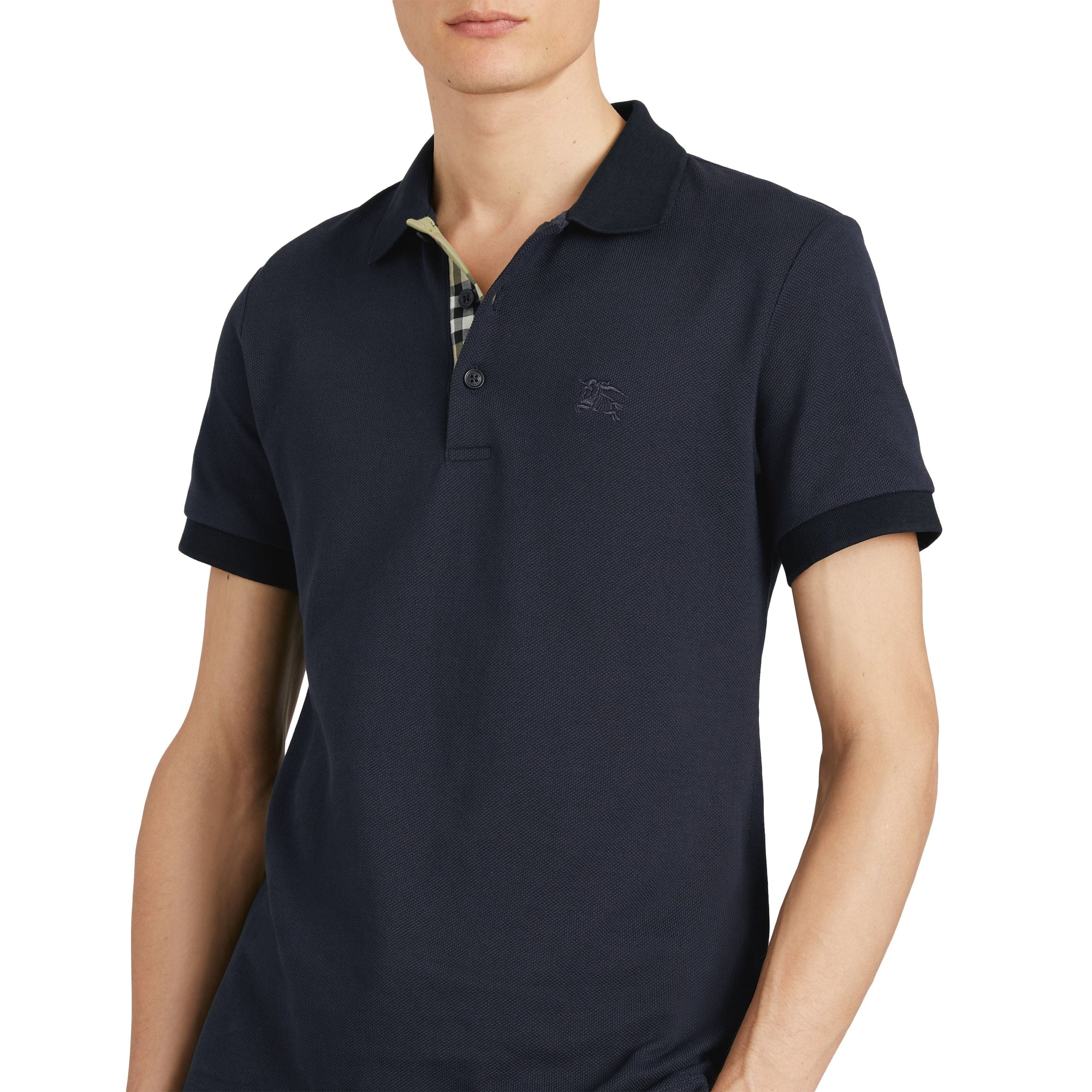 Polo en coton avec patte de boutonnage à motif check - Navy