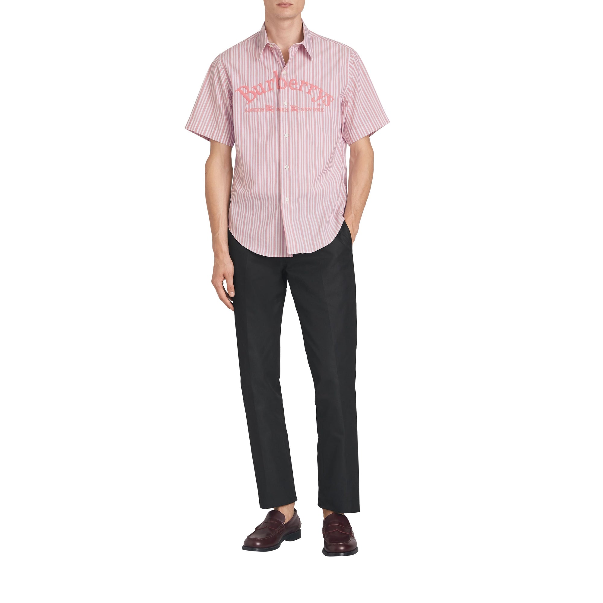 Chemise rayée à manches courtes avec logo d'archive brodé - Light Pink