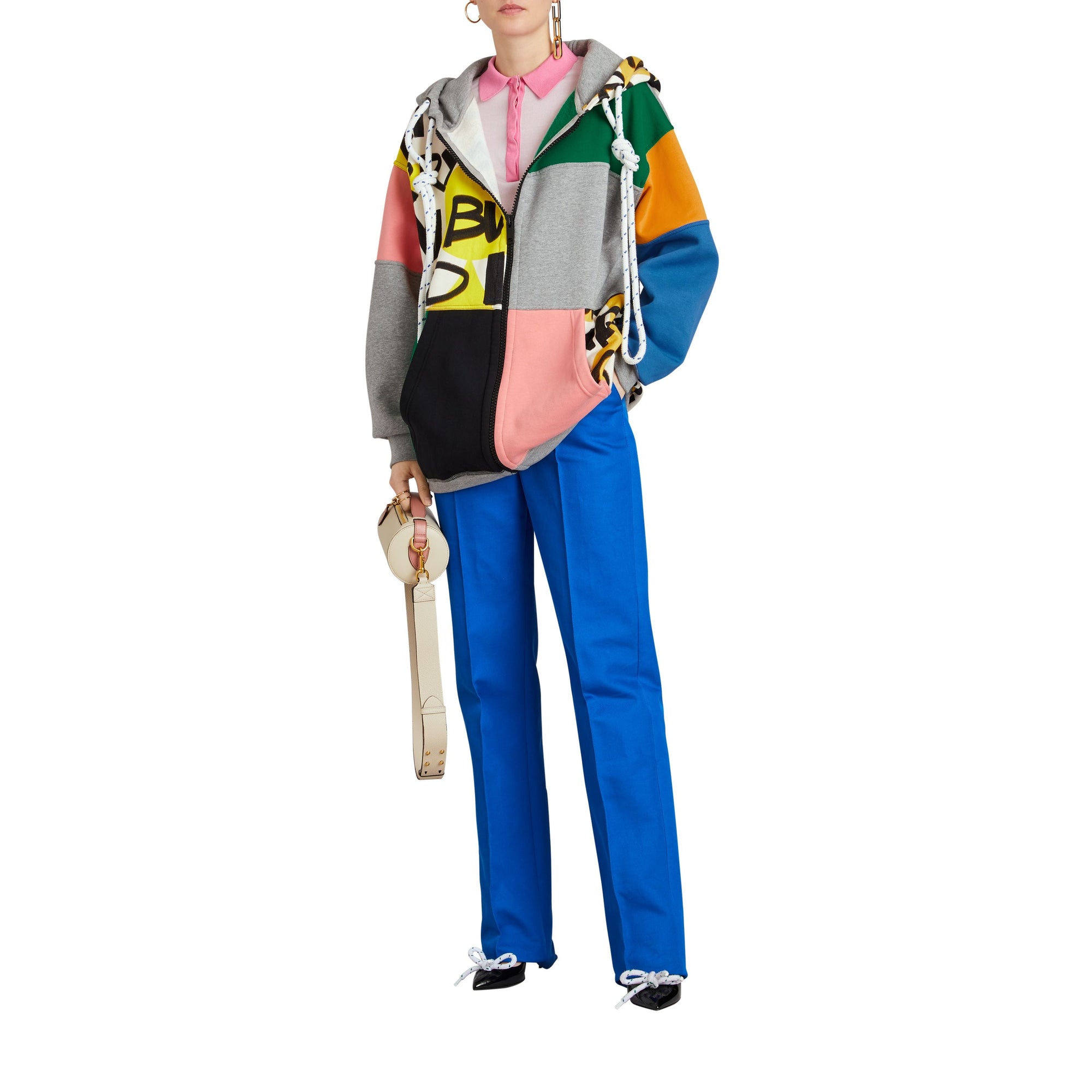 Sweat-shirt à capuche façon patchwork avec zip à l'avant - Multicolour