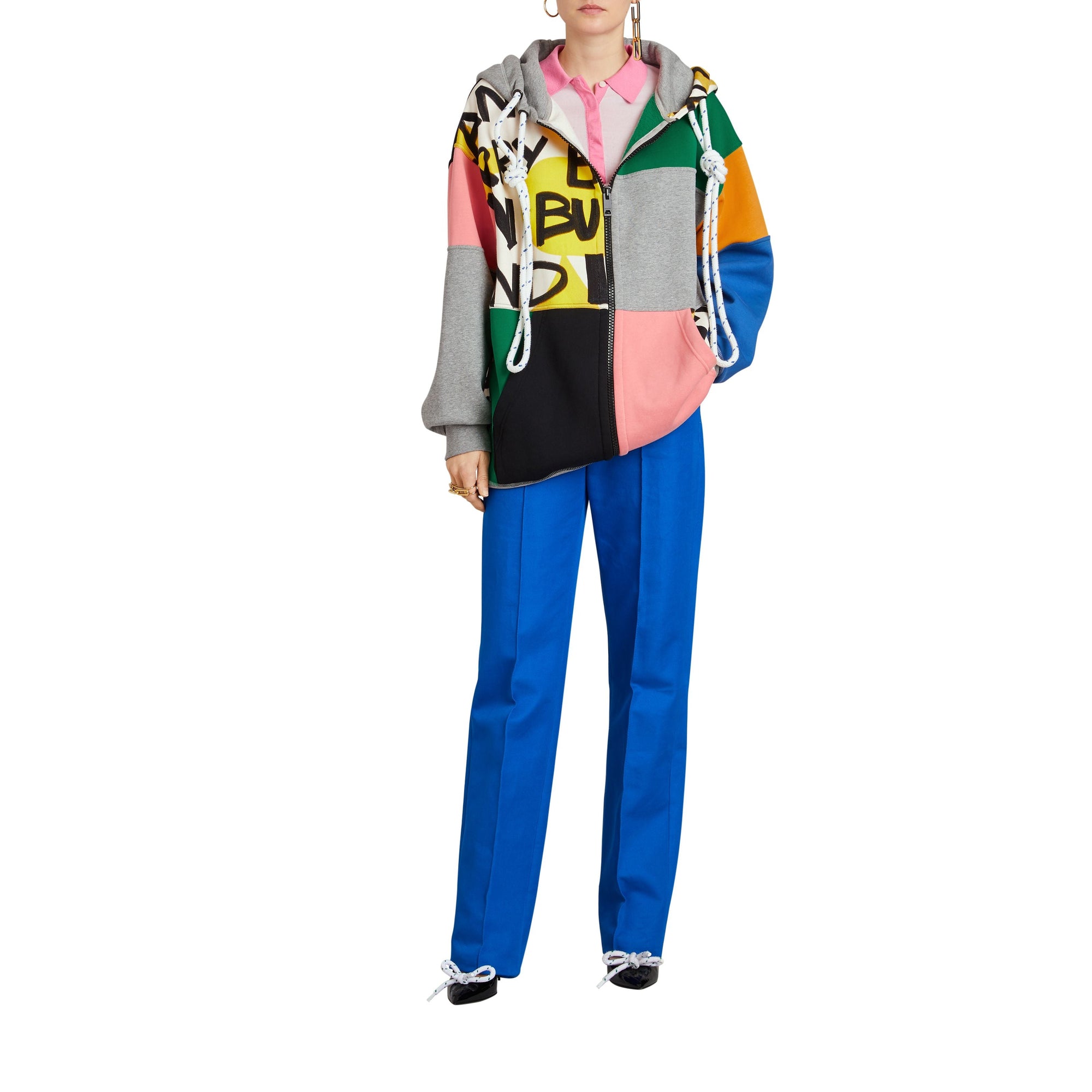 Sweat-shirt à capuche façon patchwork avec zip à l'avant - Multicolour