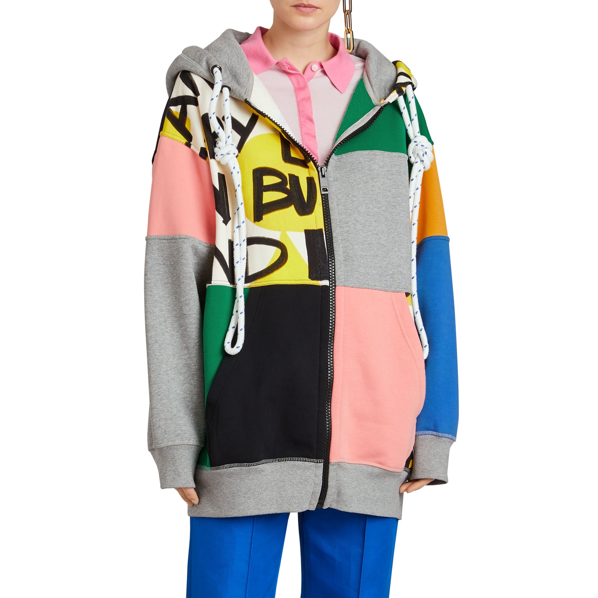 Sweat-shirt à capuche façon patchwork avec zip à l'avant - Multicolour