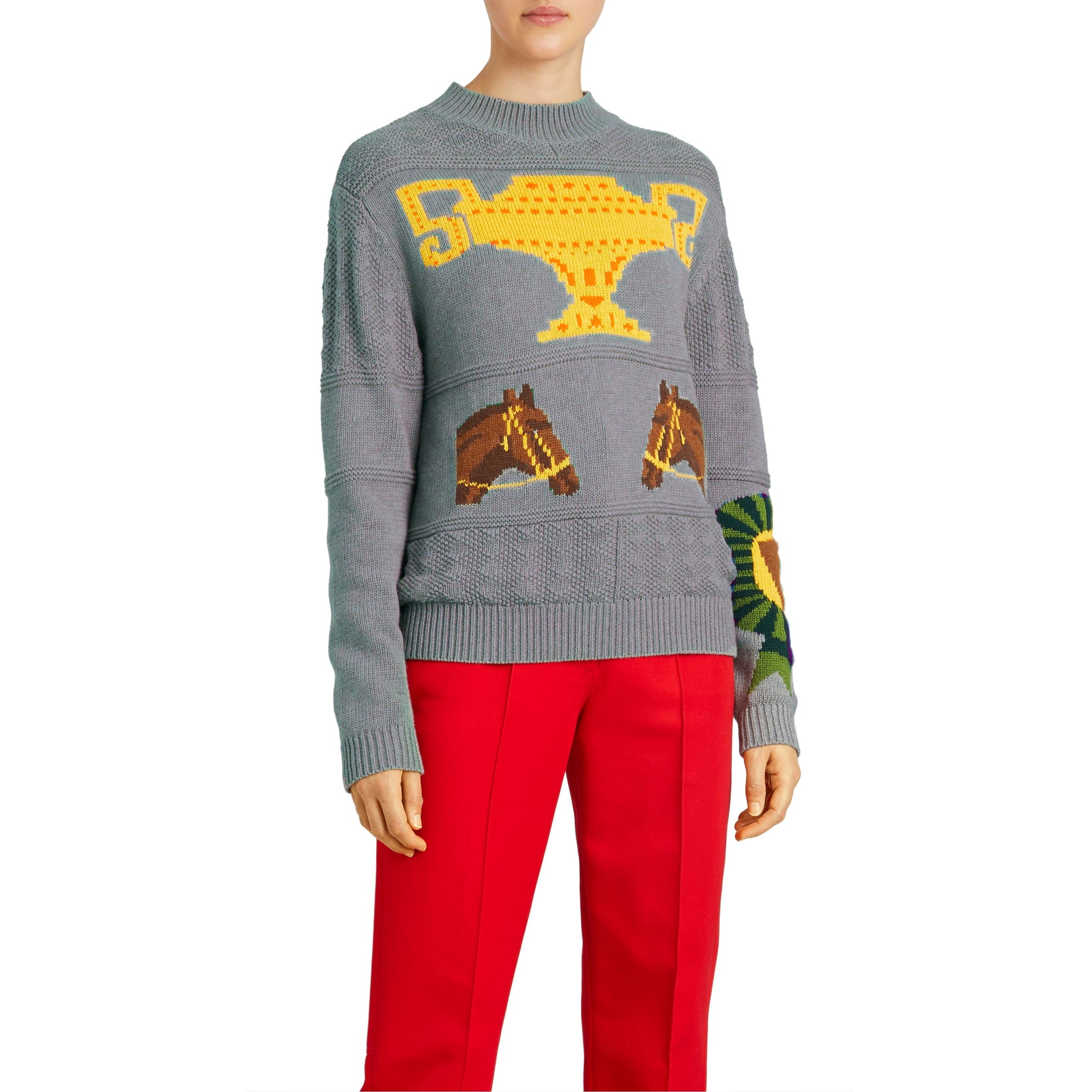 Pull en laine et coton avec motif équestre en intarsia - Grey Melange