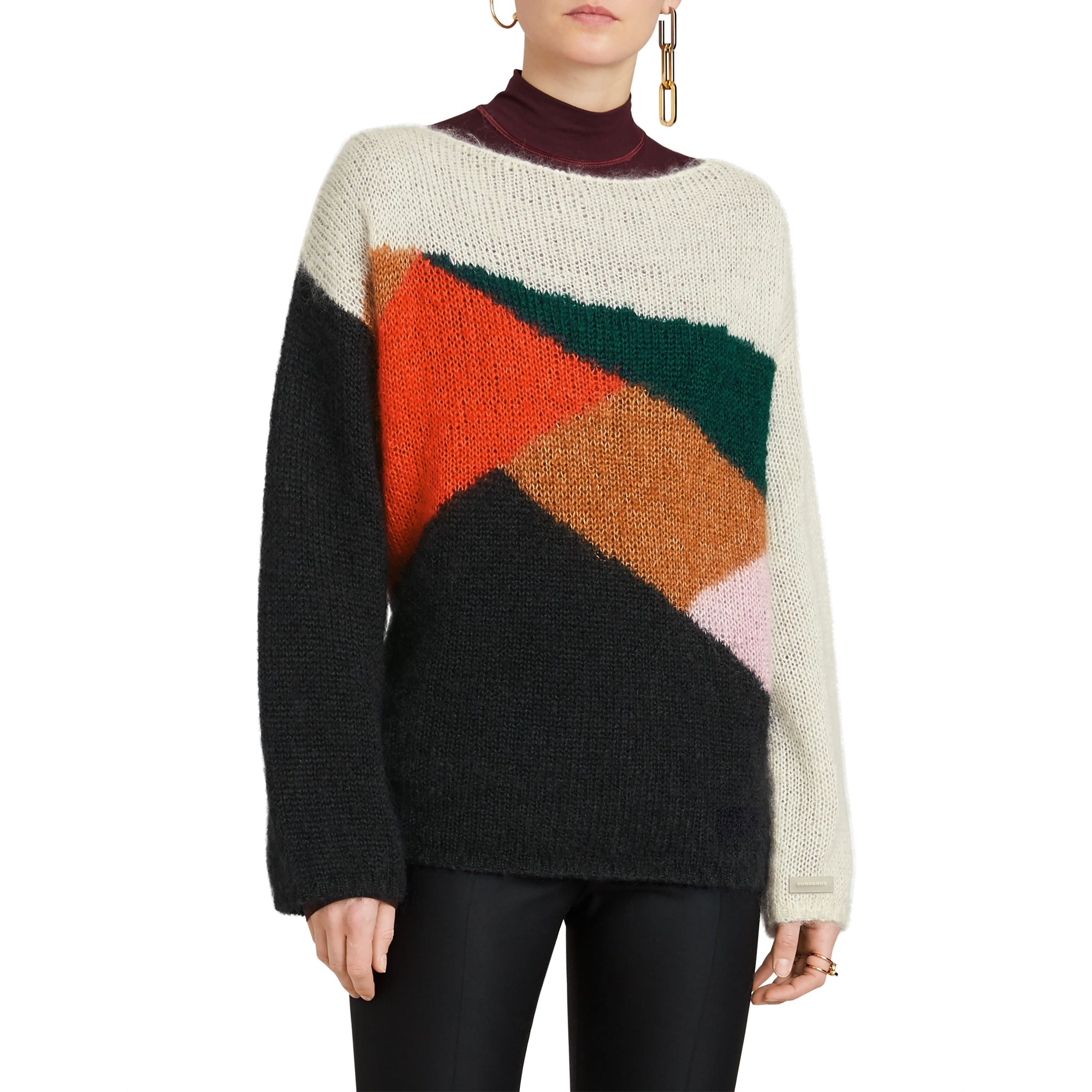 Pull en soie et mohair mélangés à motif en intarsia géométrique - Black