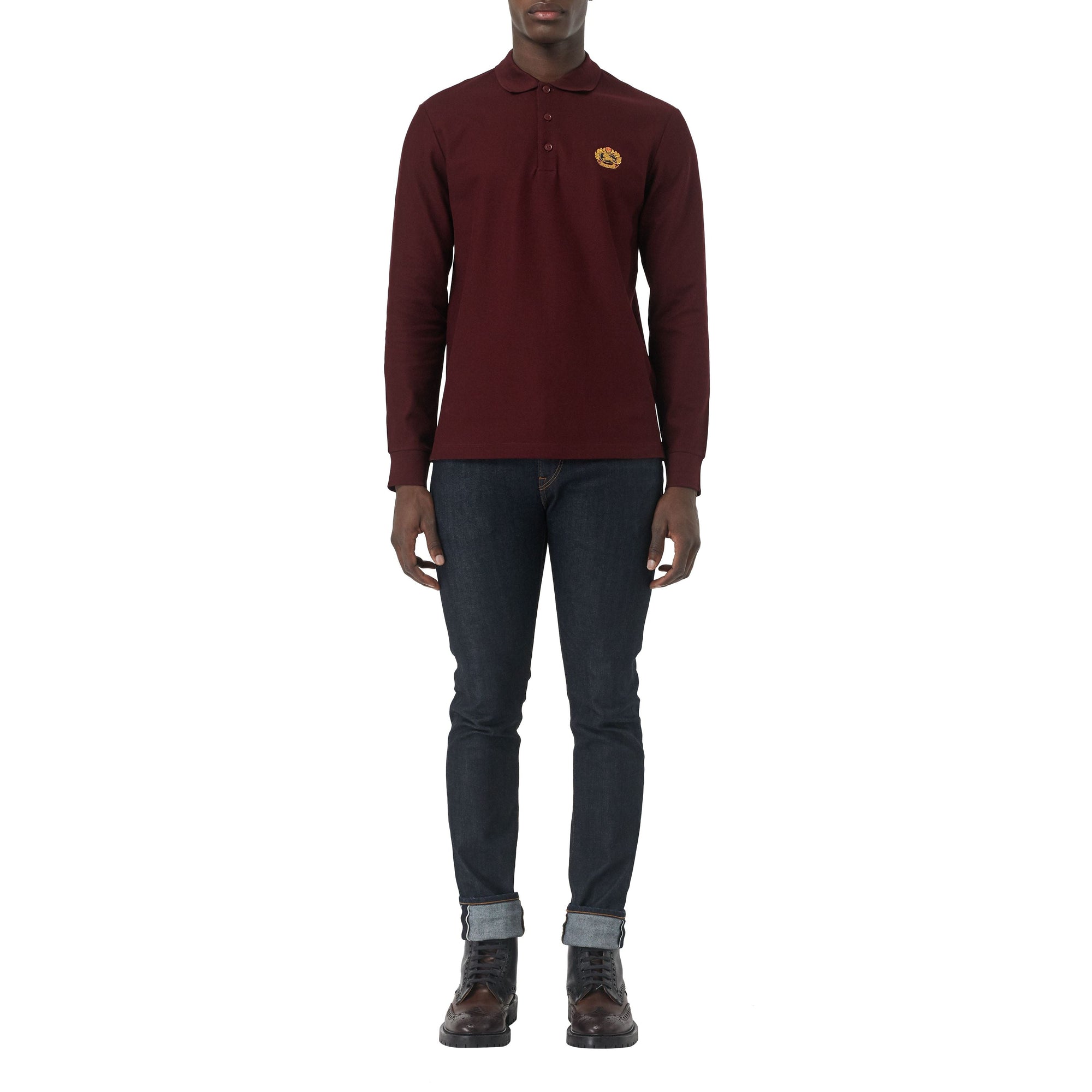 Polo à manches longues en piqué de coton avec logo d'archive - Burgundy