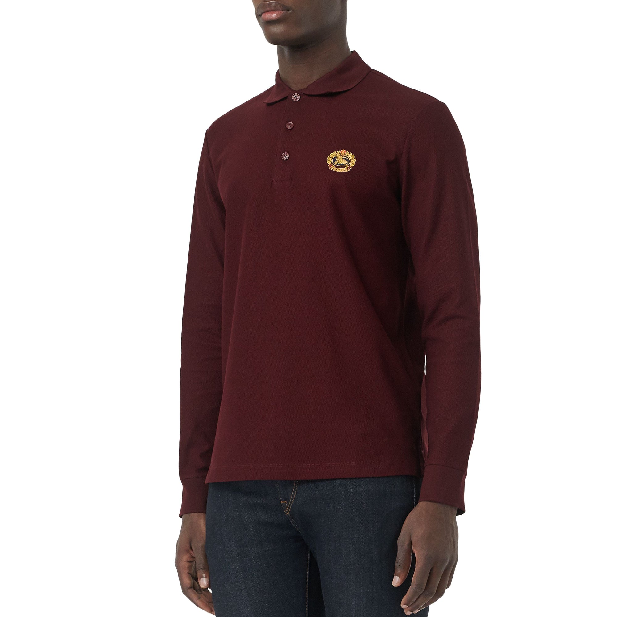 Polo à manches longues en piqué de coton avec logo d'archive - Burgundy
