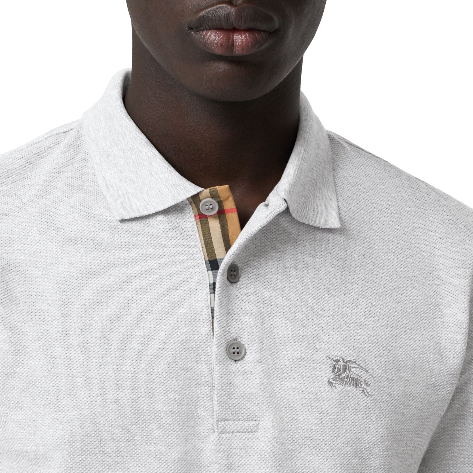 Polo en coton avec patte de boutonnage à motif check - Pale Grey Melange