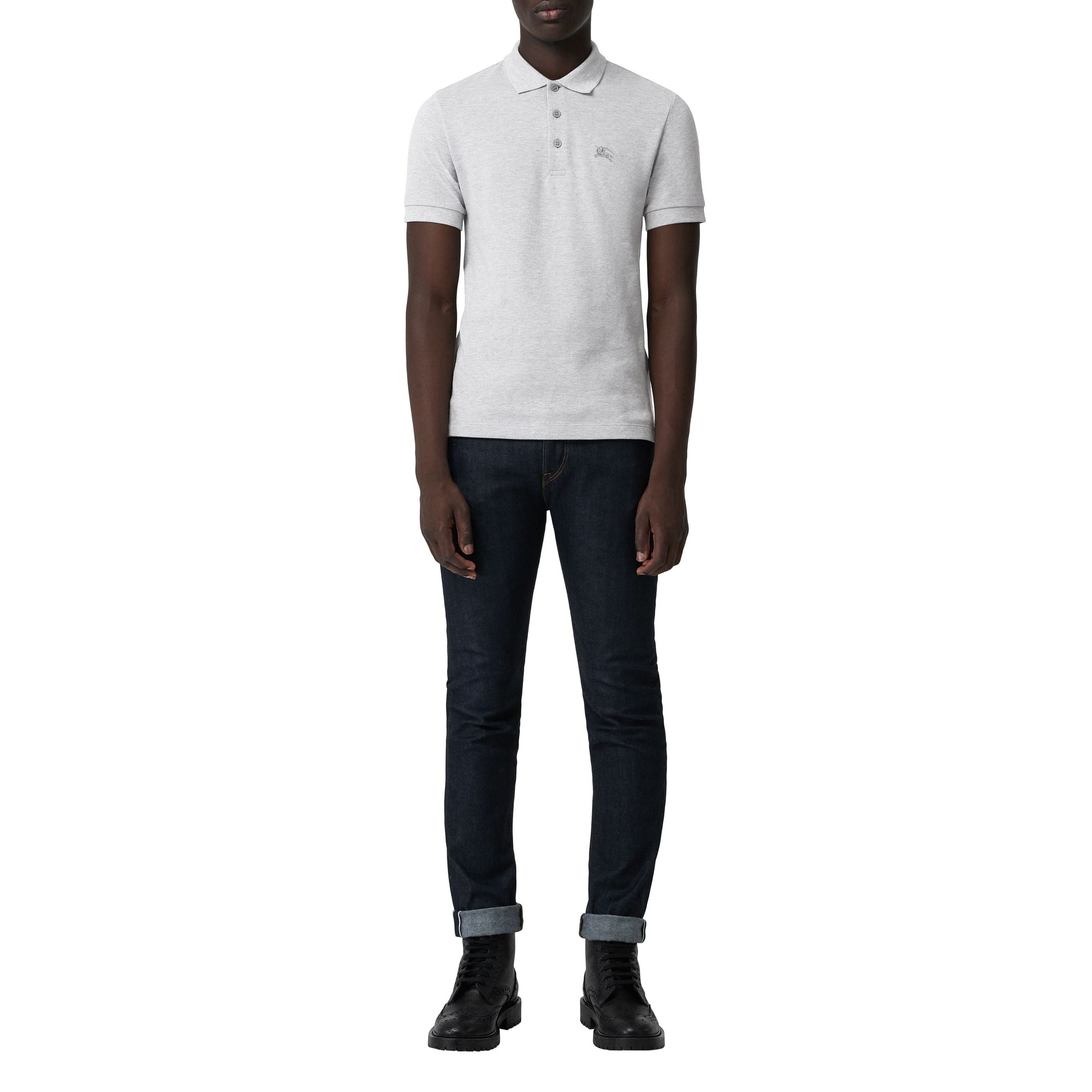 Polo en coton avec patte de boutonnage à motif check - Pale Grey Melange