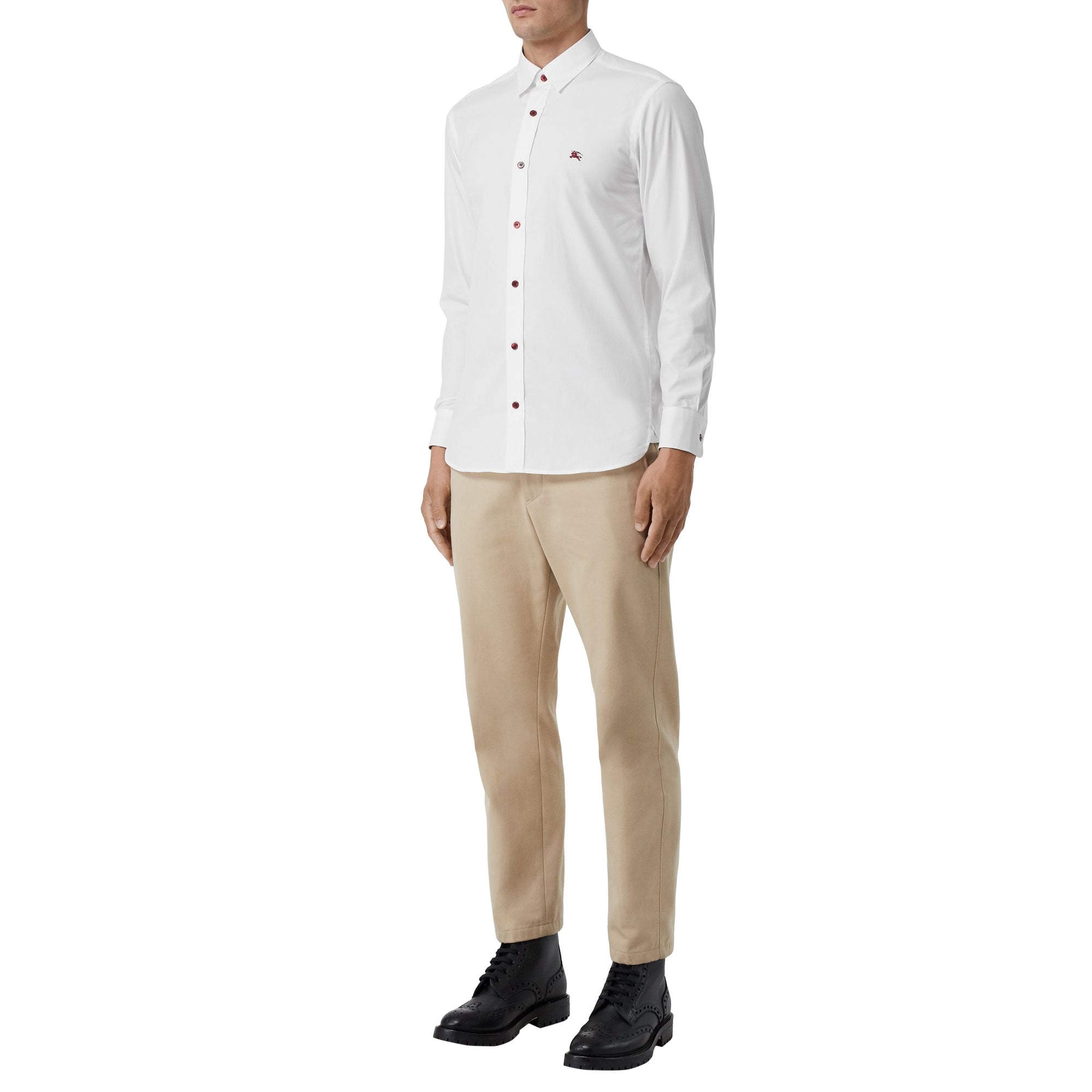Chemise en coton extensible avec bouton contrastant - White