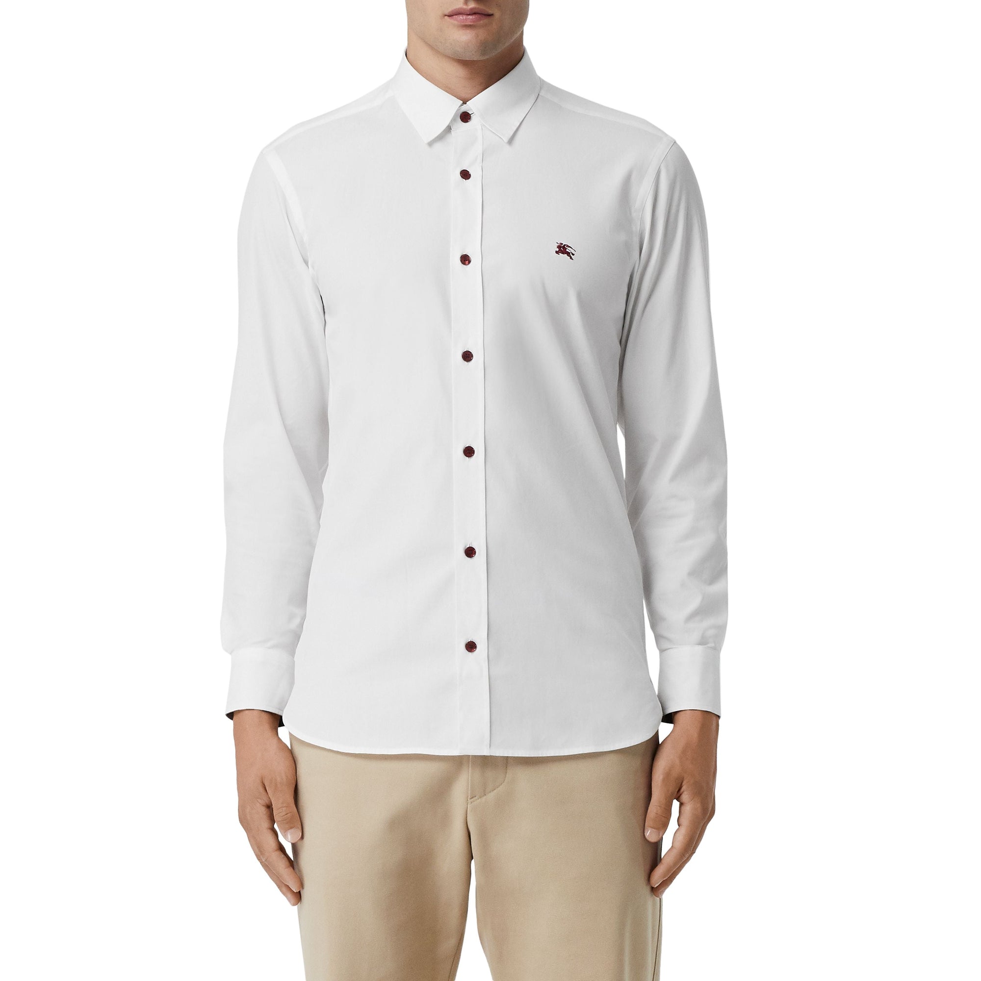 Chemise en coton extensible avec bouton contrastant - White