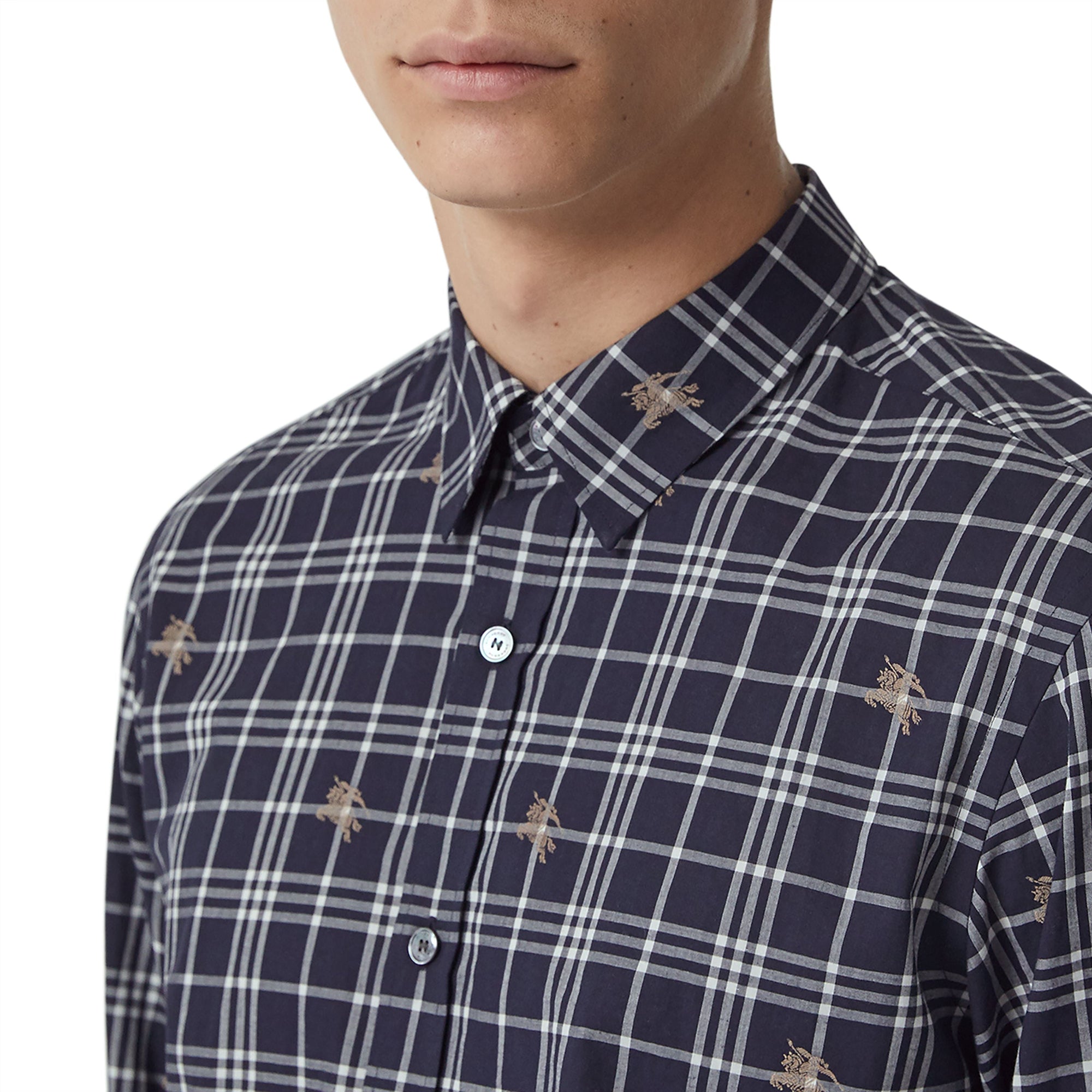 Chemise en coton à motif check et emblèmes du Cavalier - Navy
