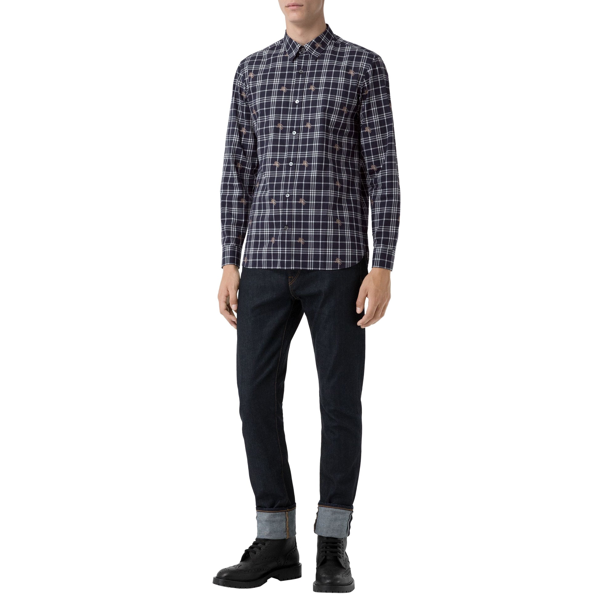 Chemise en coton à motif check et emblèmes du Cavalier - Navy