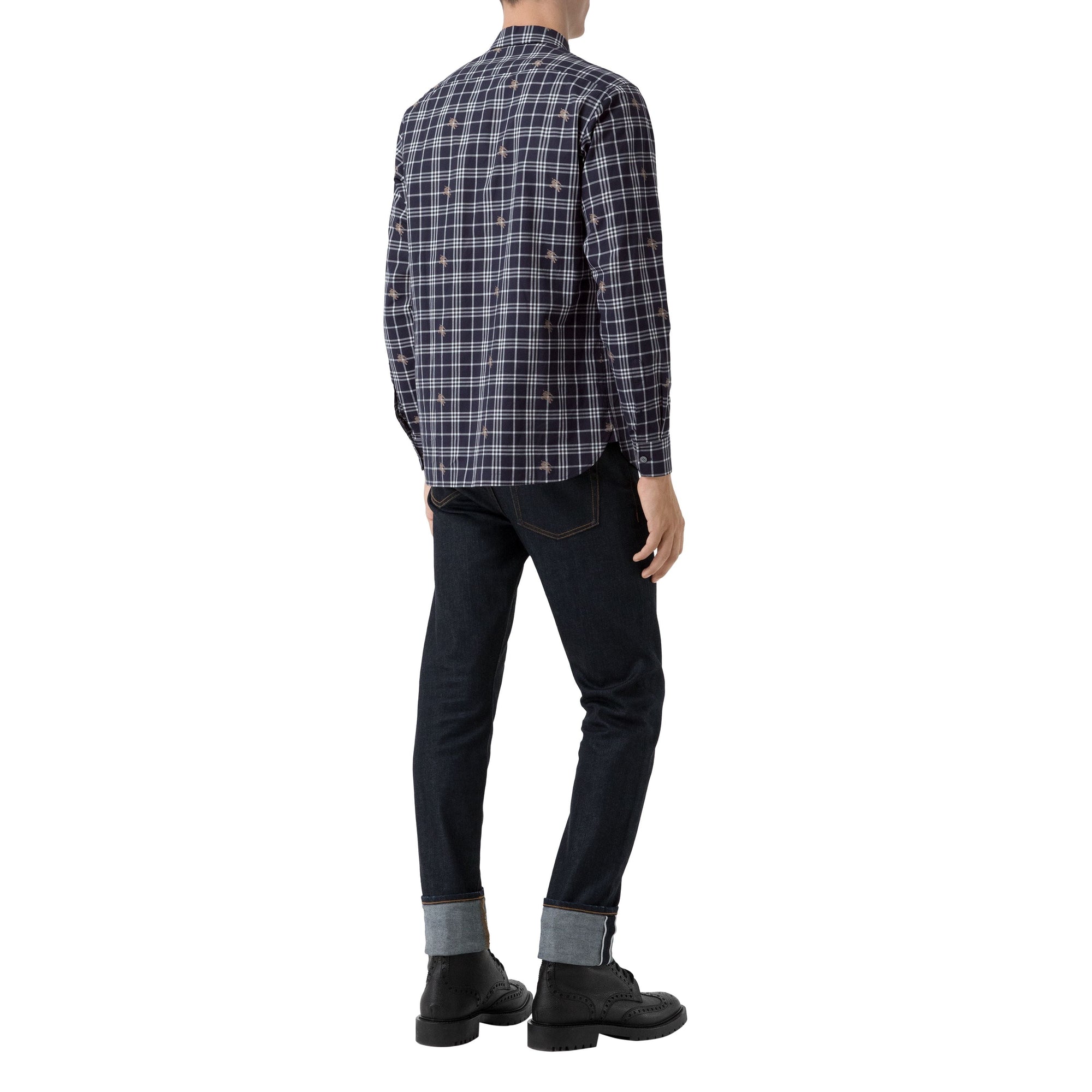 Chemise en coton à motif check et emblèmes du Cavalier - Navy