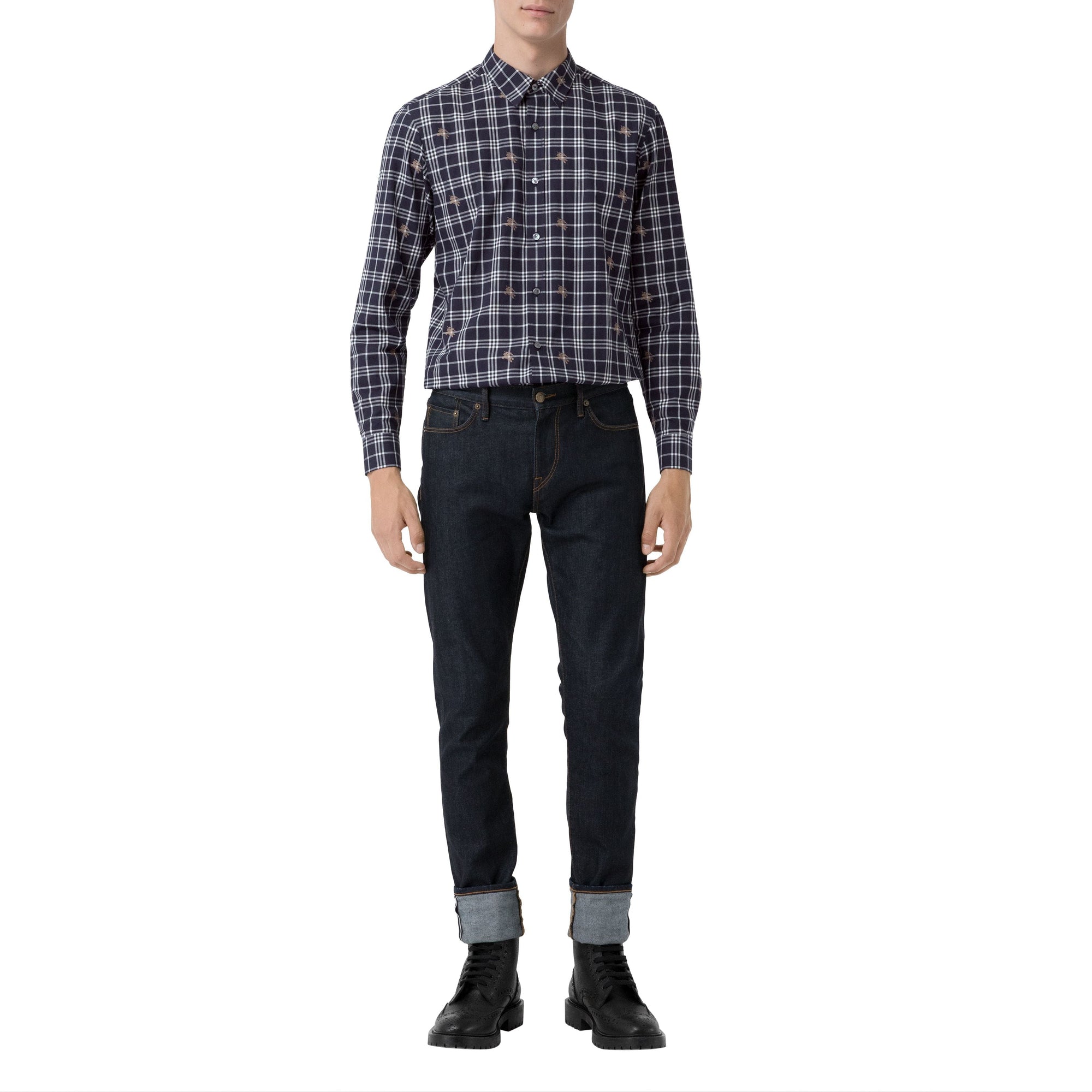 Chemise en coton à motif check et emblèmes du Cavalier - Navy
