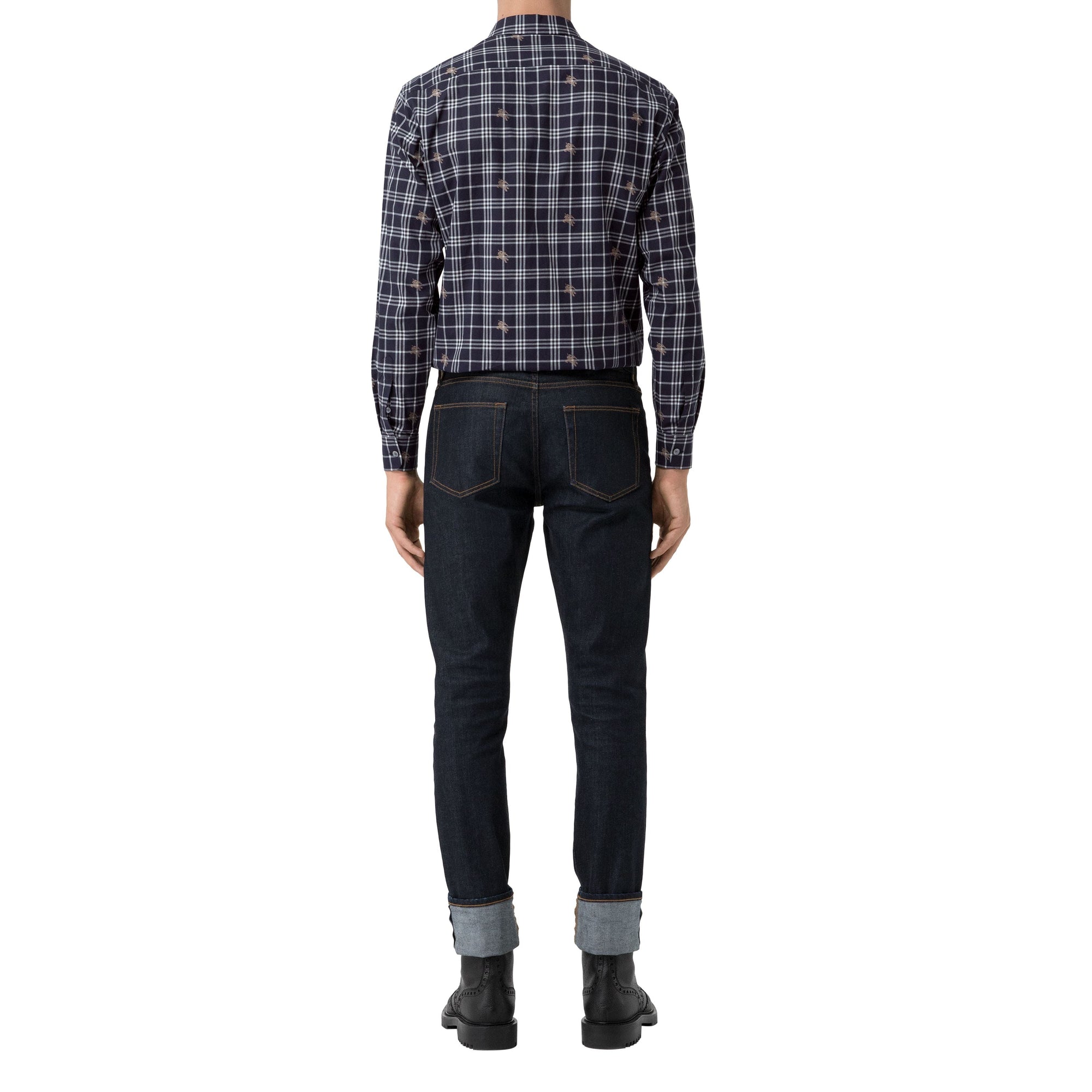 Chemise en coton à motif check et emblèmes du Cavalier - Navy
