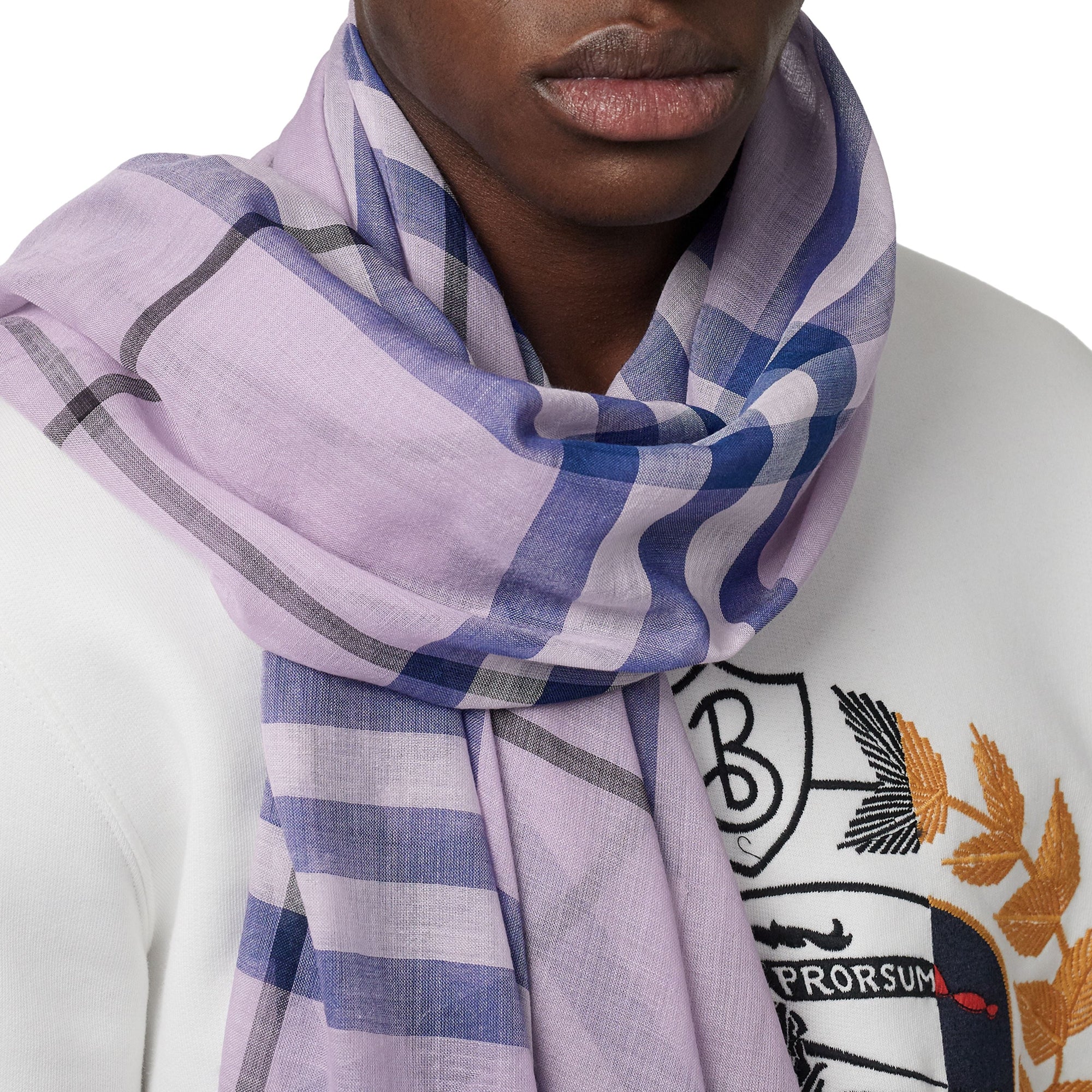 Écharpe légère en laine et soie à motif check - Pale Orchid