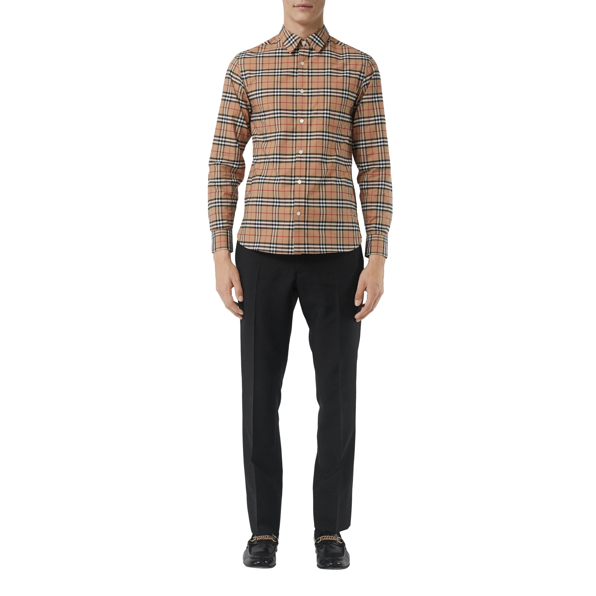 Chemise en coton extensible à motif check - Camel
