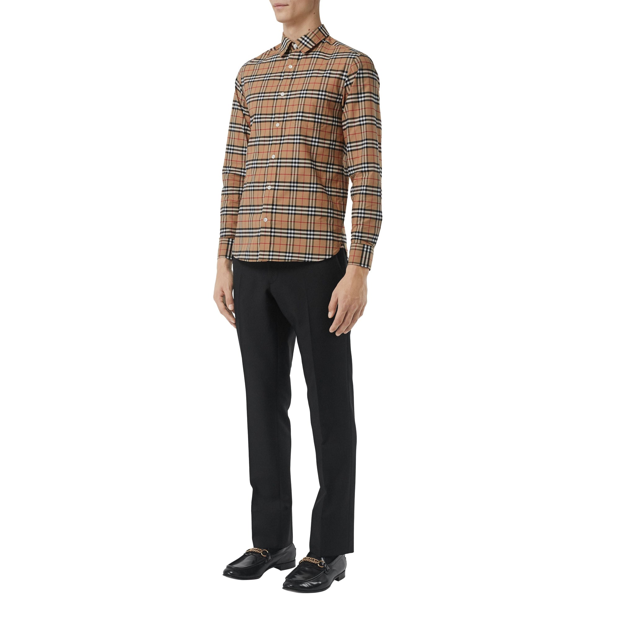 Chemise en coton extensible à motif check - Camel