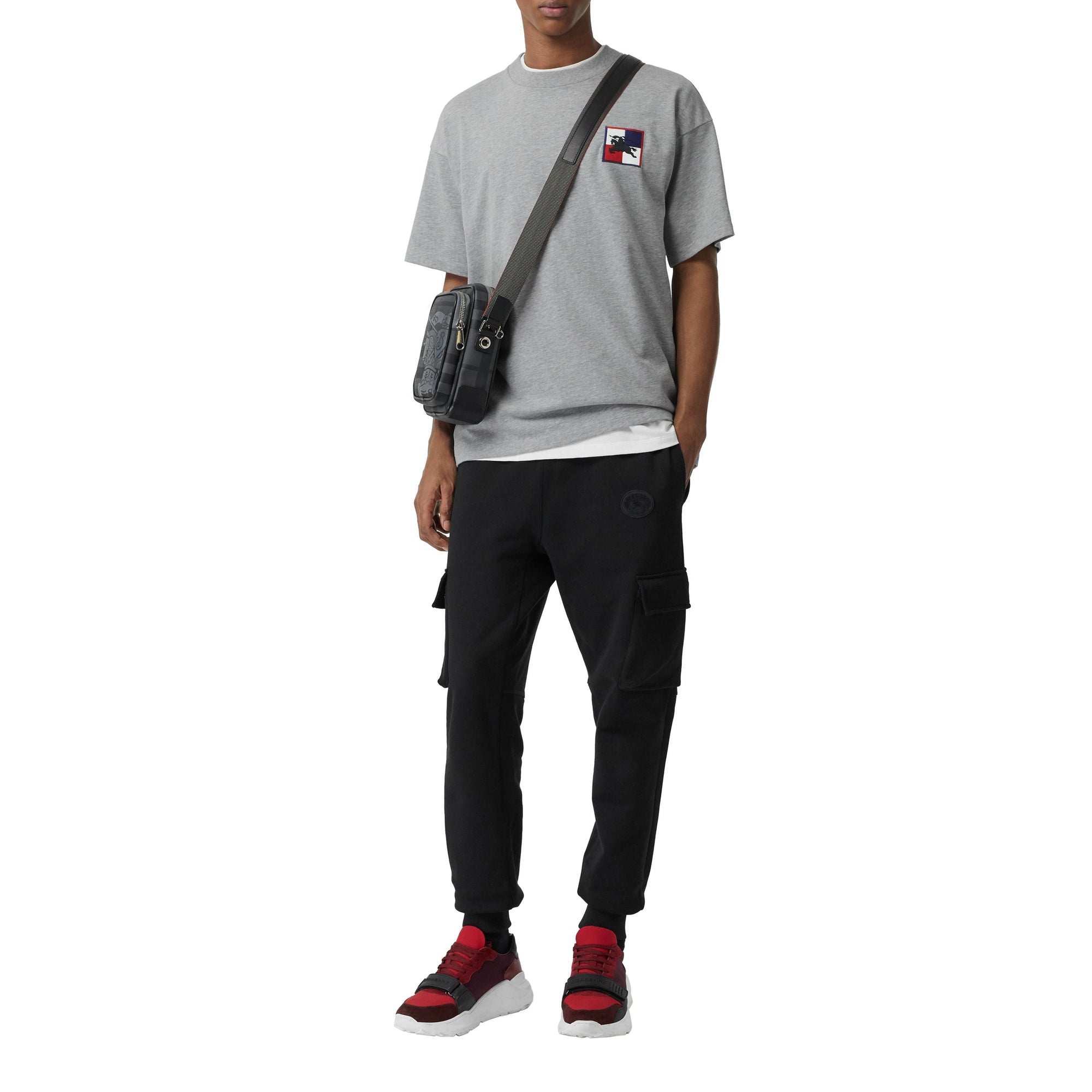 T-shirt en coton avec emblème du Cavalier à damier - Pale Grey Melange