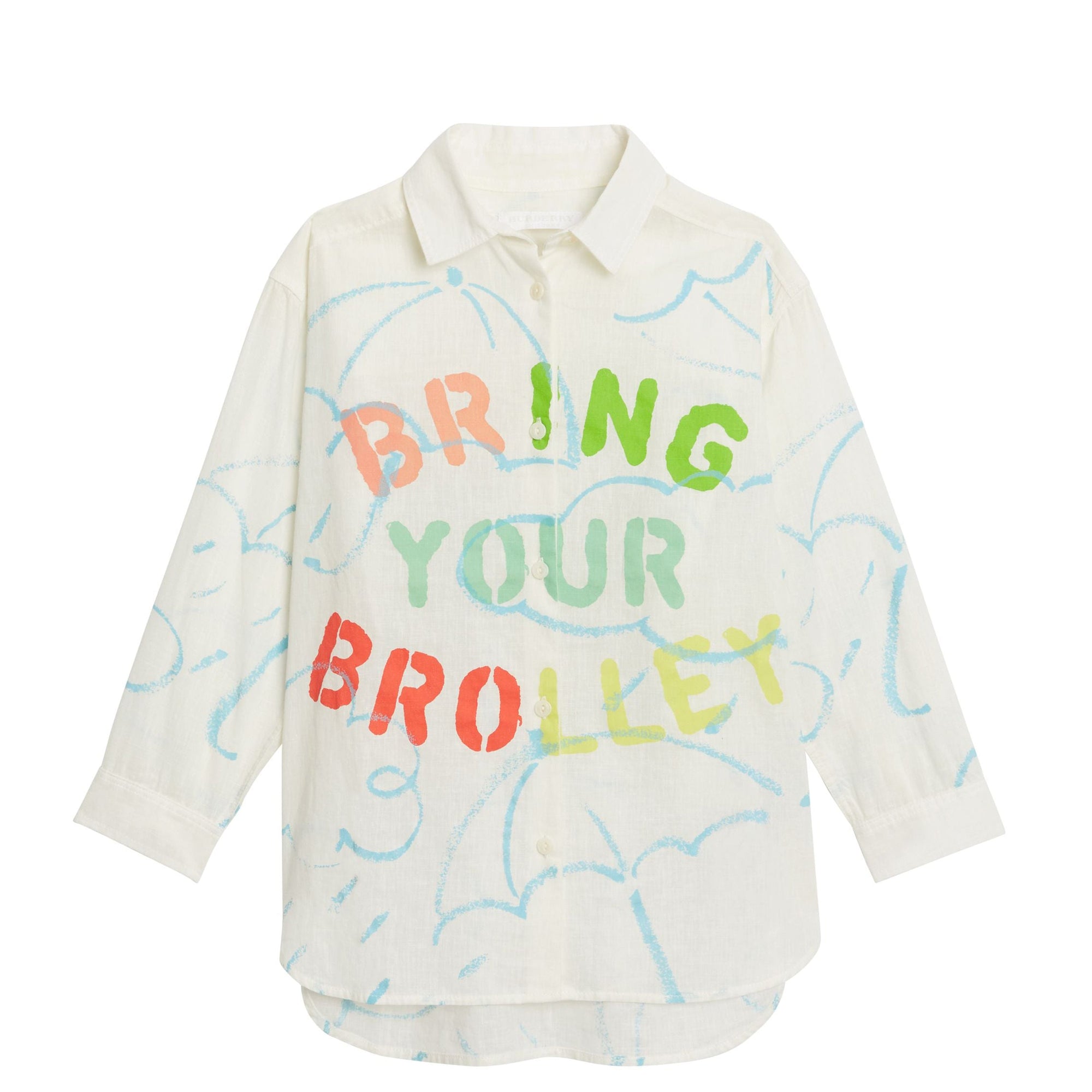 Chemise en coton et lin avec imprimé parapluie - White