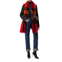 Écharpe en laine et cachemire à motif check avec franges - Bright Orange Red