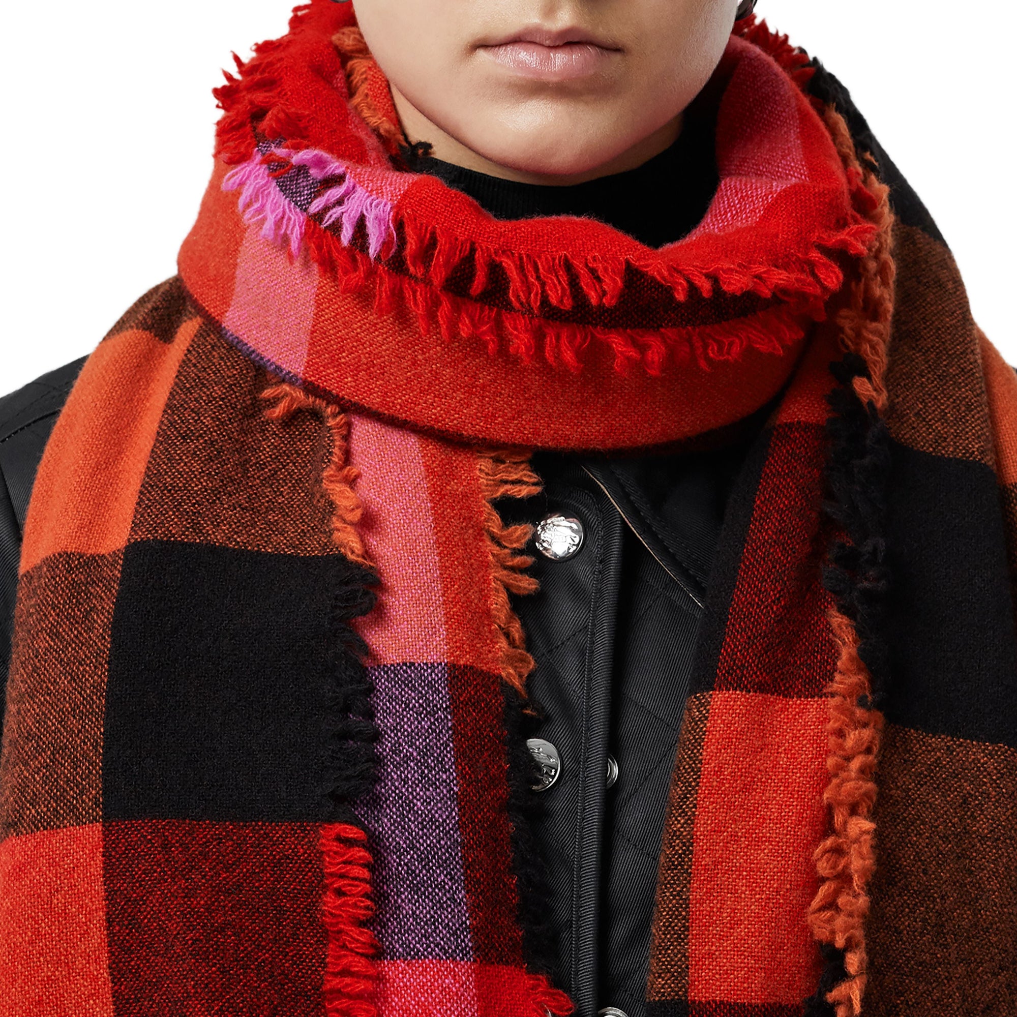 Écharpe en laine et cachemire à motif check avec franges - Bright Orange Red