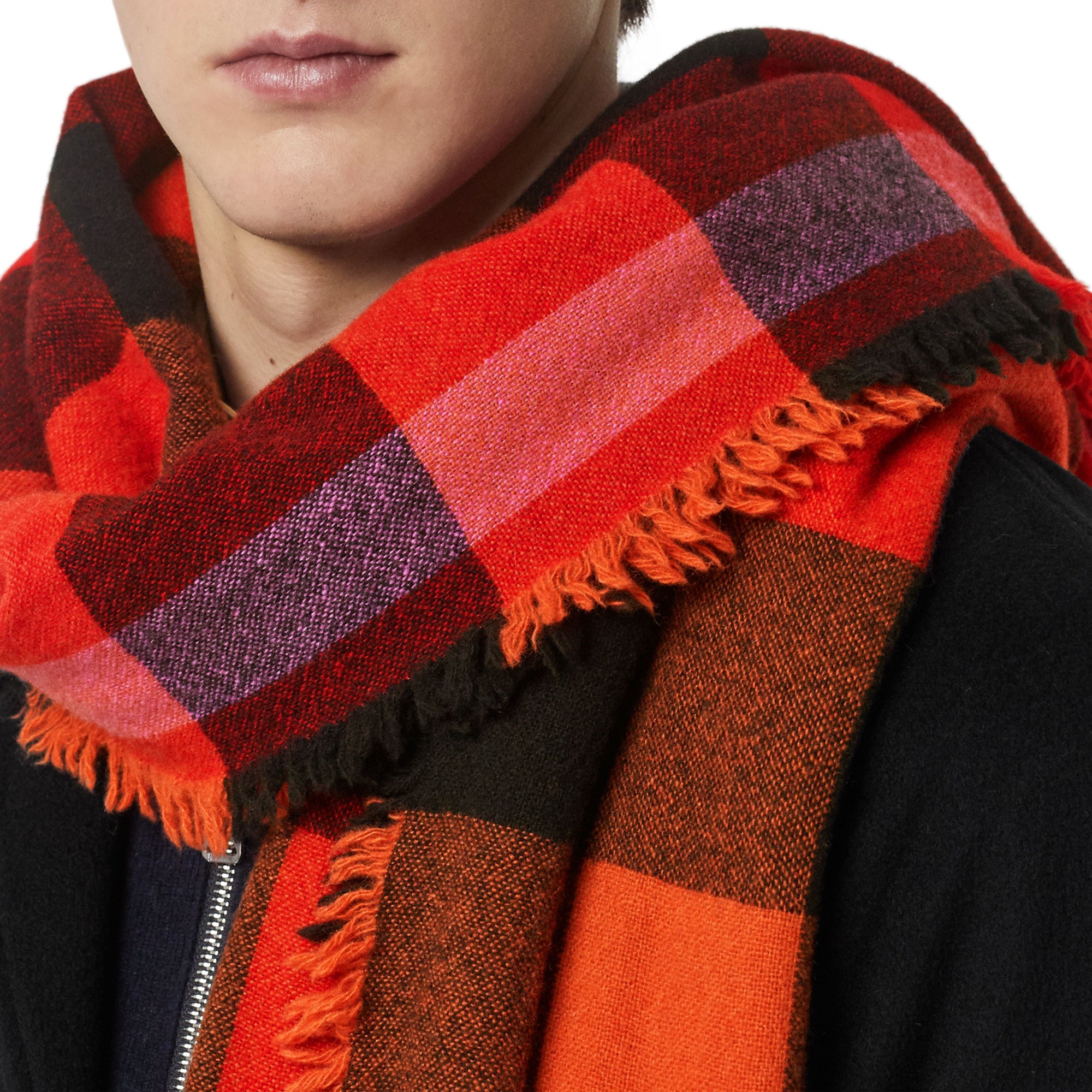 Écharpe en laine et cachemire à motif check avec franges - Bright Orange Red