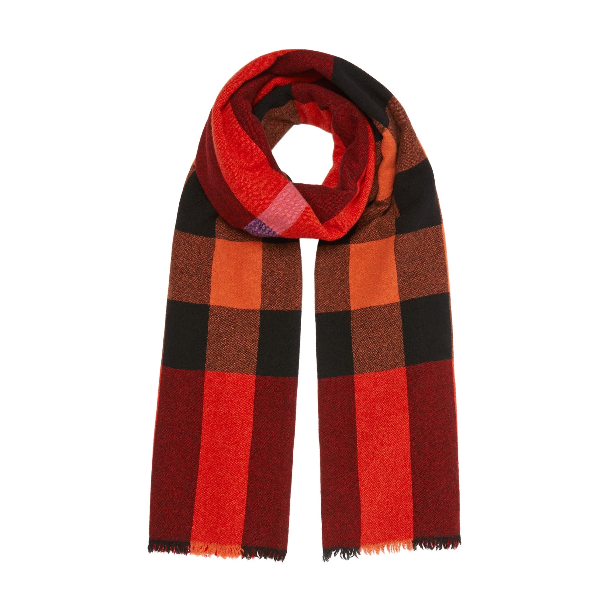 Écharpe en laine et cachemire à motif check avec franges - Bright Orange Red