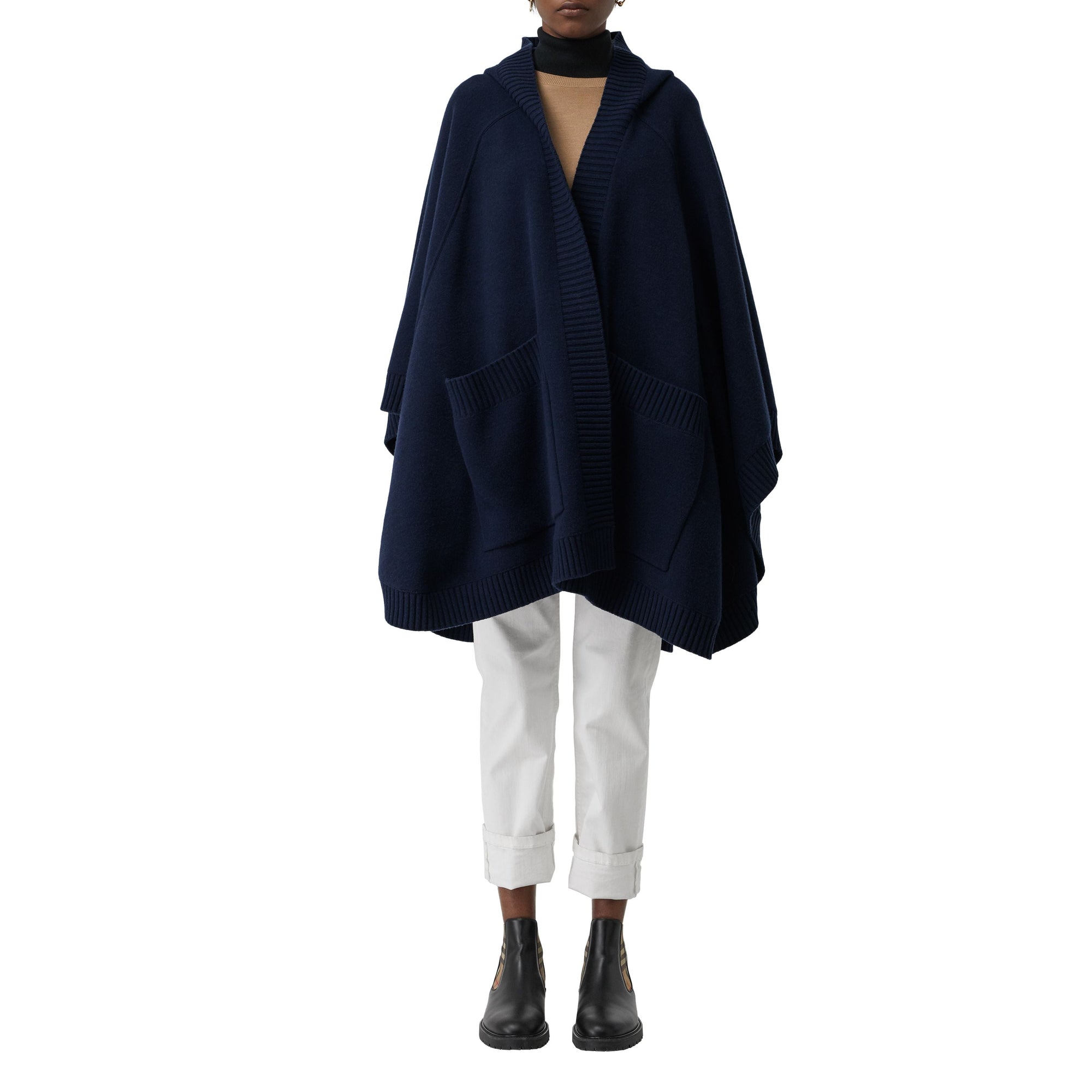Cape à capuche en laine mélangée avec écusson en jacquard - Navy