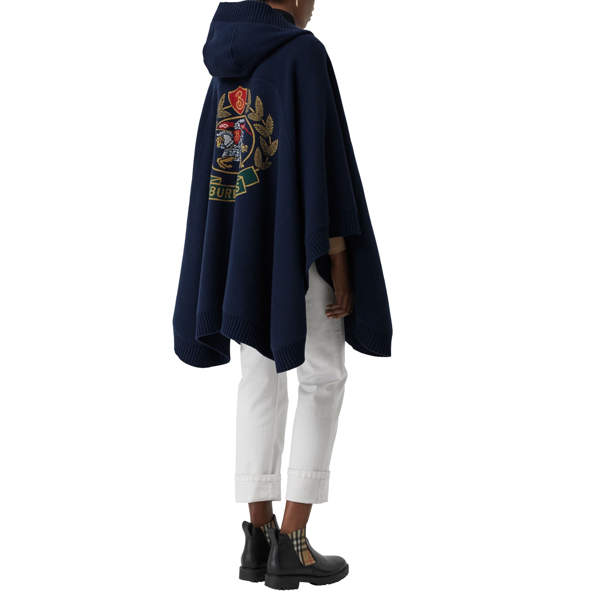 Cape à capuche en laine mélangée avec écusson en jacquard - Navy