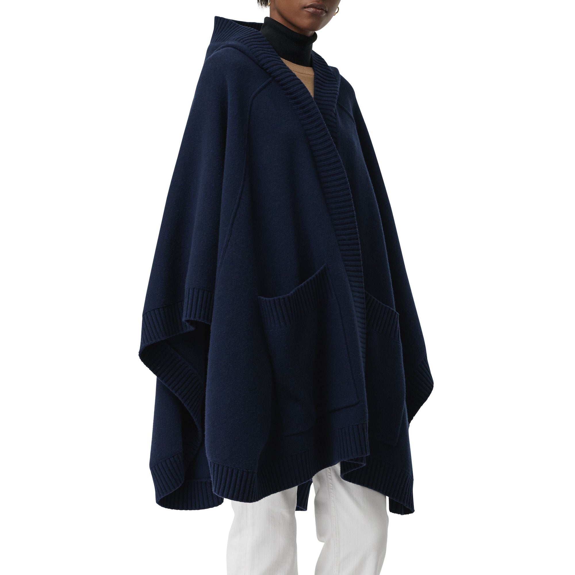 Cape à capuche en laine mélangée avec écusson en jacquard - Navy