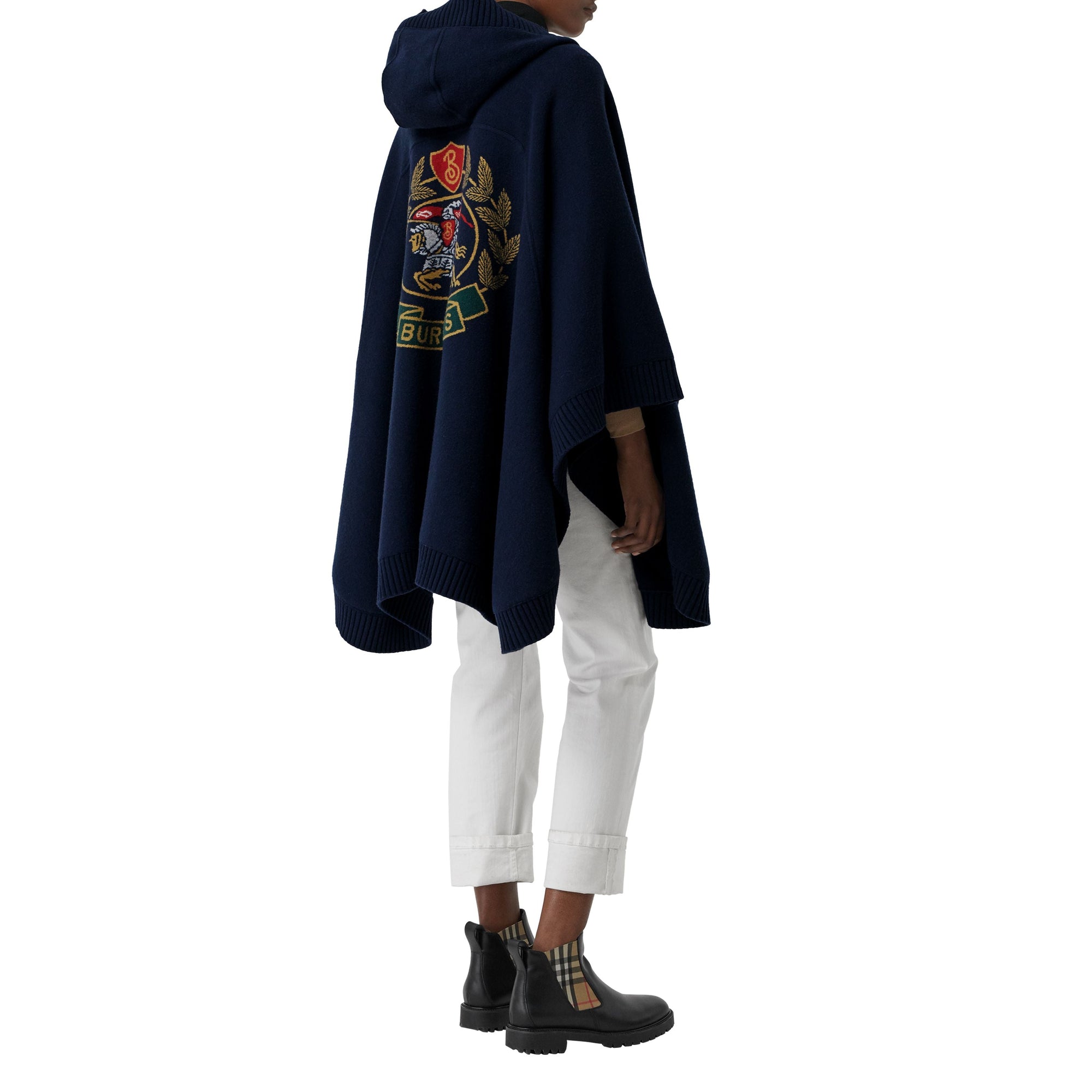 Cape à capuche en laine mélangée avec écusson en jacquard - Navy