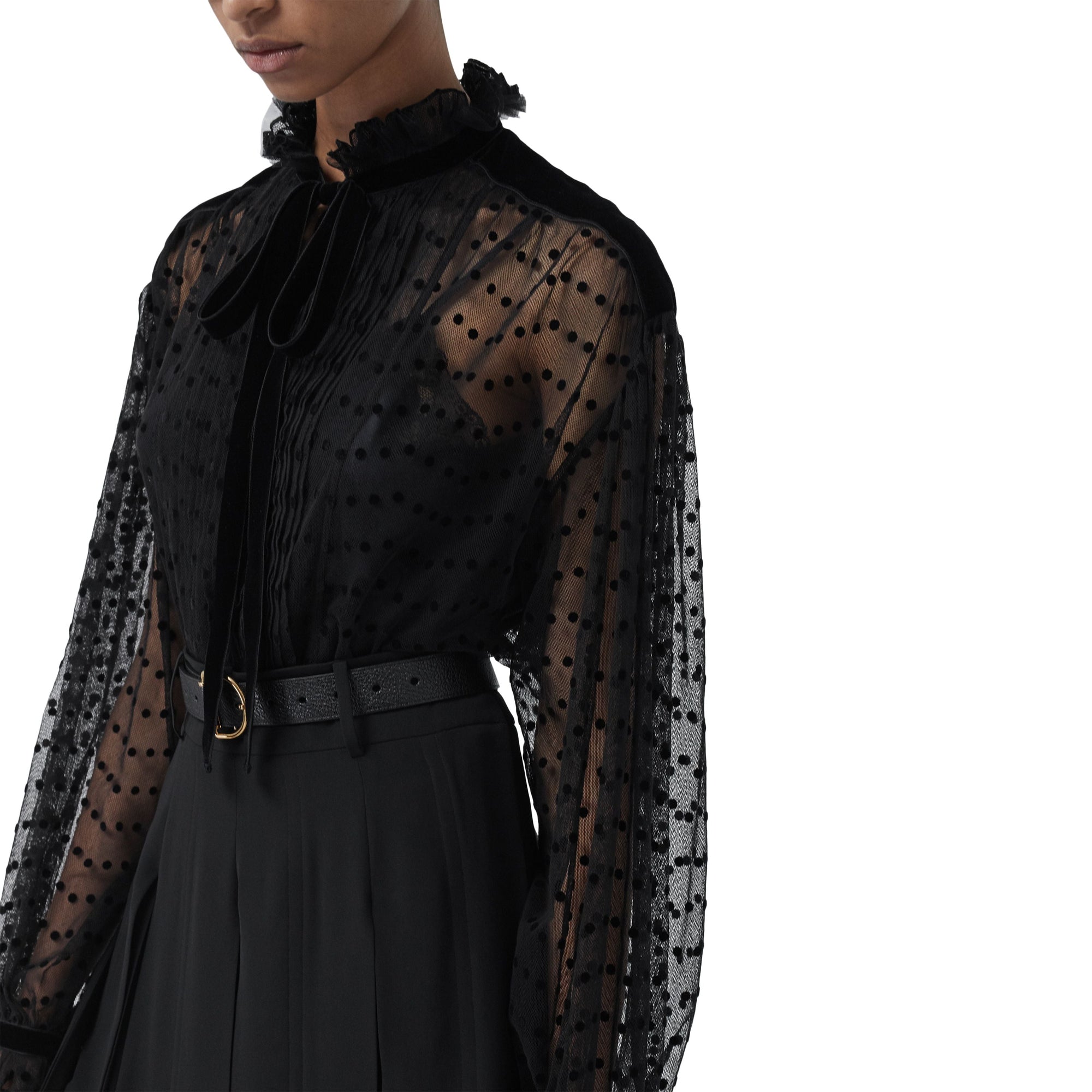 Chemisier oversize à col lavallière en tulle floqué à pois - Black