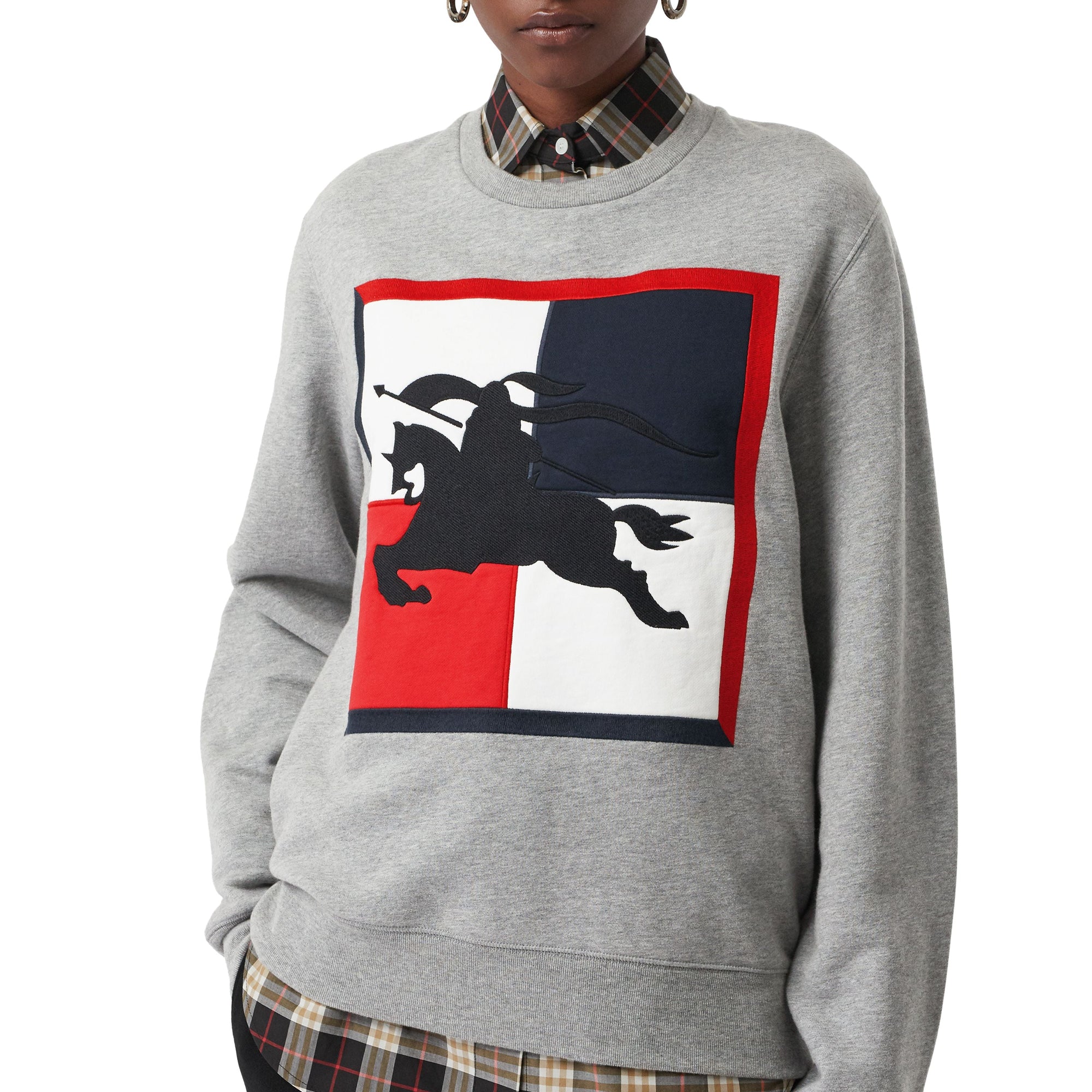 Sweat-shirt en coton avec emblème du Cavalier à damier - Pale Grey Melange