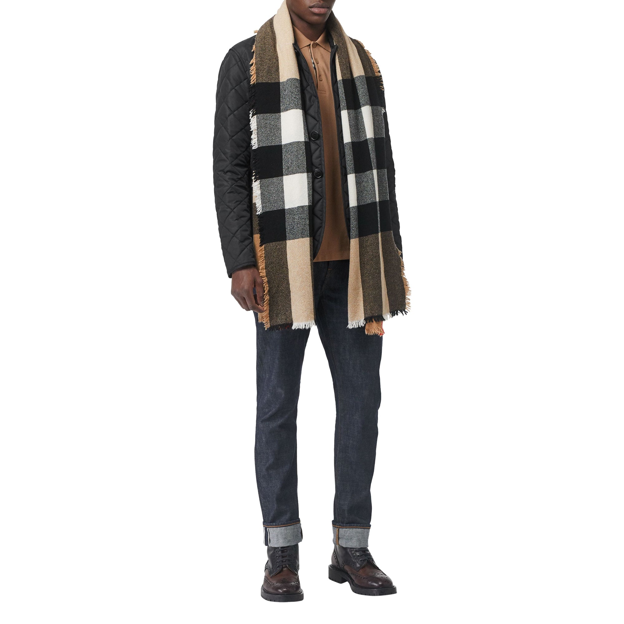 Écharpe en laine et cachemire à motif check avec franges - Camel