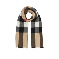 Écharpe en laine et cachemire à motif check avec franges - Camel