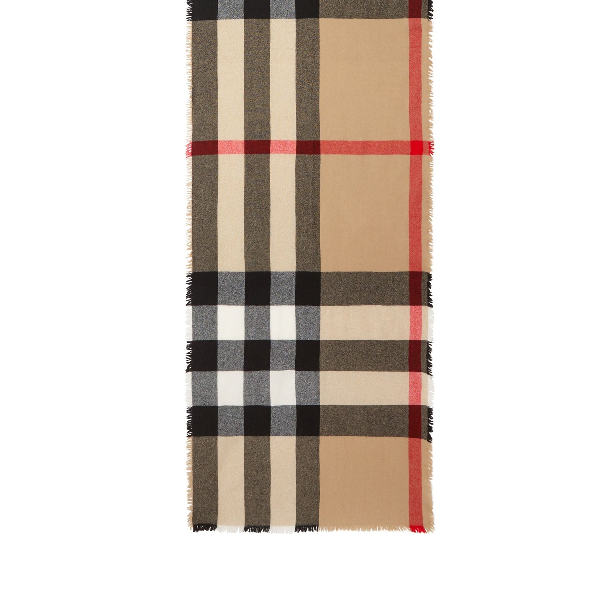 Écharpe en laine et cachemire à motif check avec franges - Camel