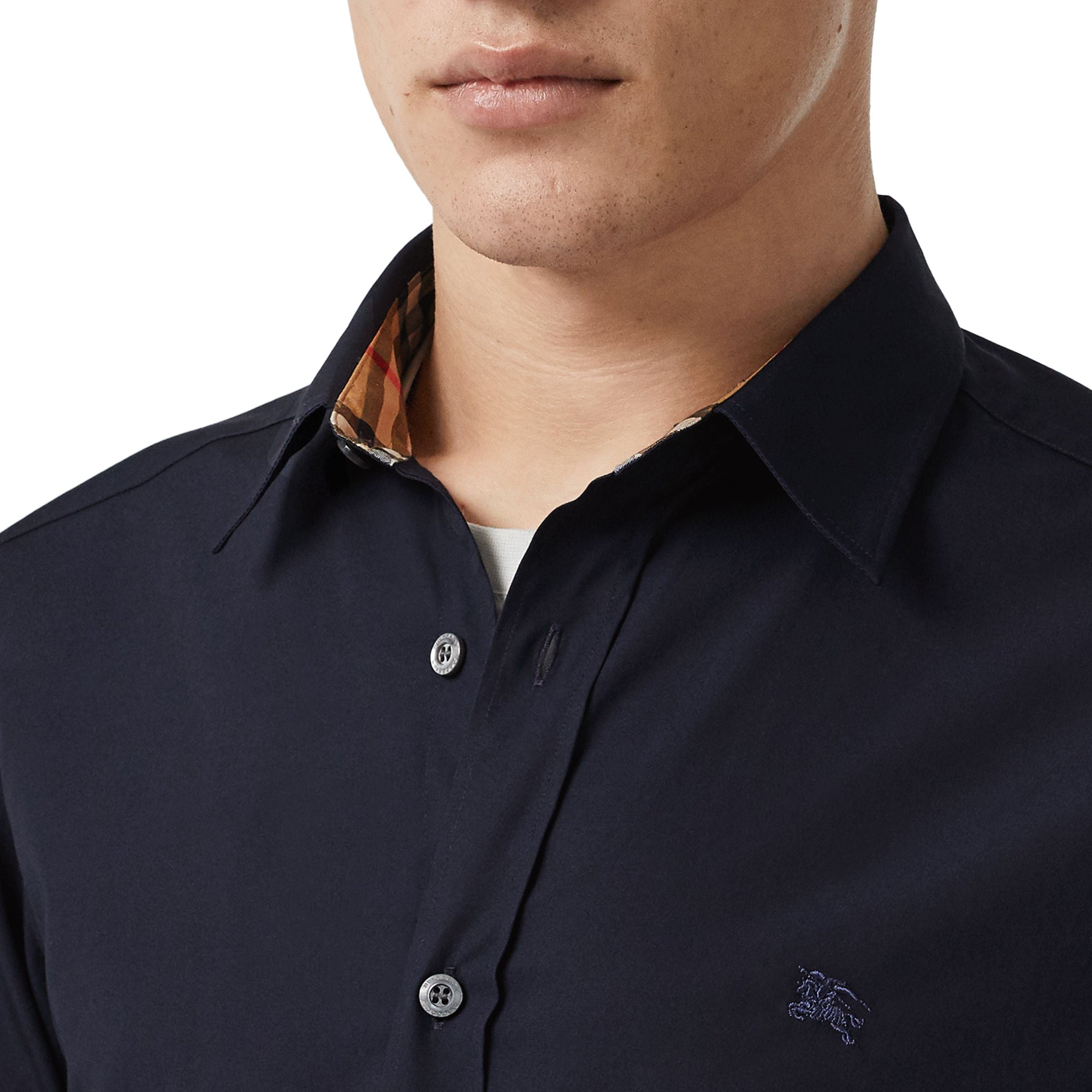 Chemise en coton extensible avec bouton de couleur différente - Navy