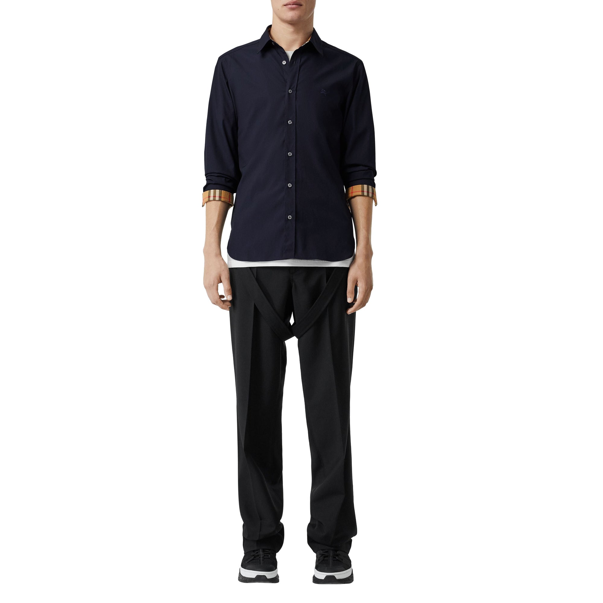 Chemise en coton extensible avec bouton de couleur différente - Navy