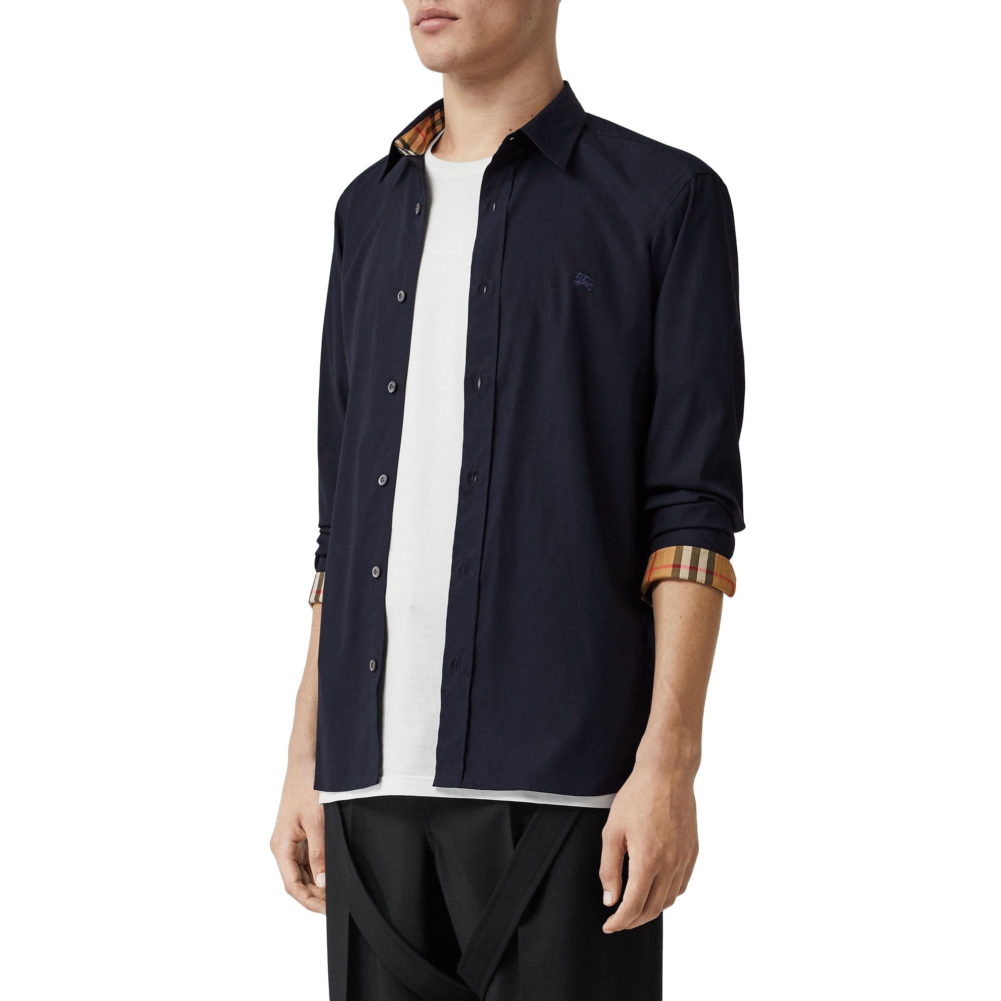 Chemise en coton extensible avec bouton de couleur différente - Navy