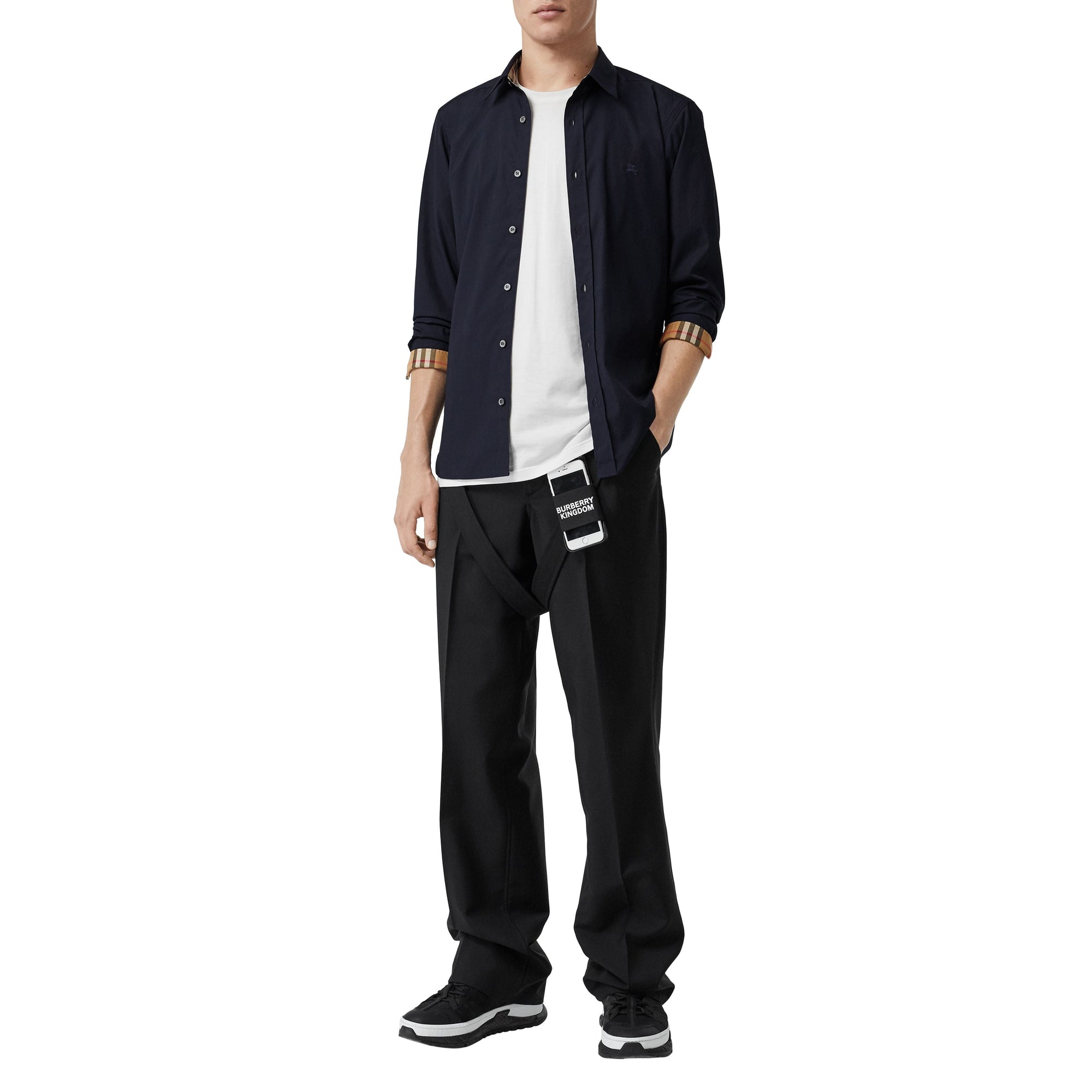 Chemise en coton extensible avec bouton de couleur différente - Navy
